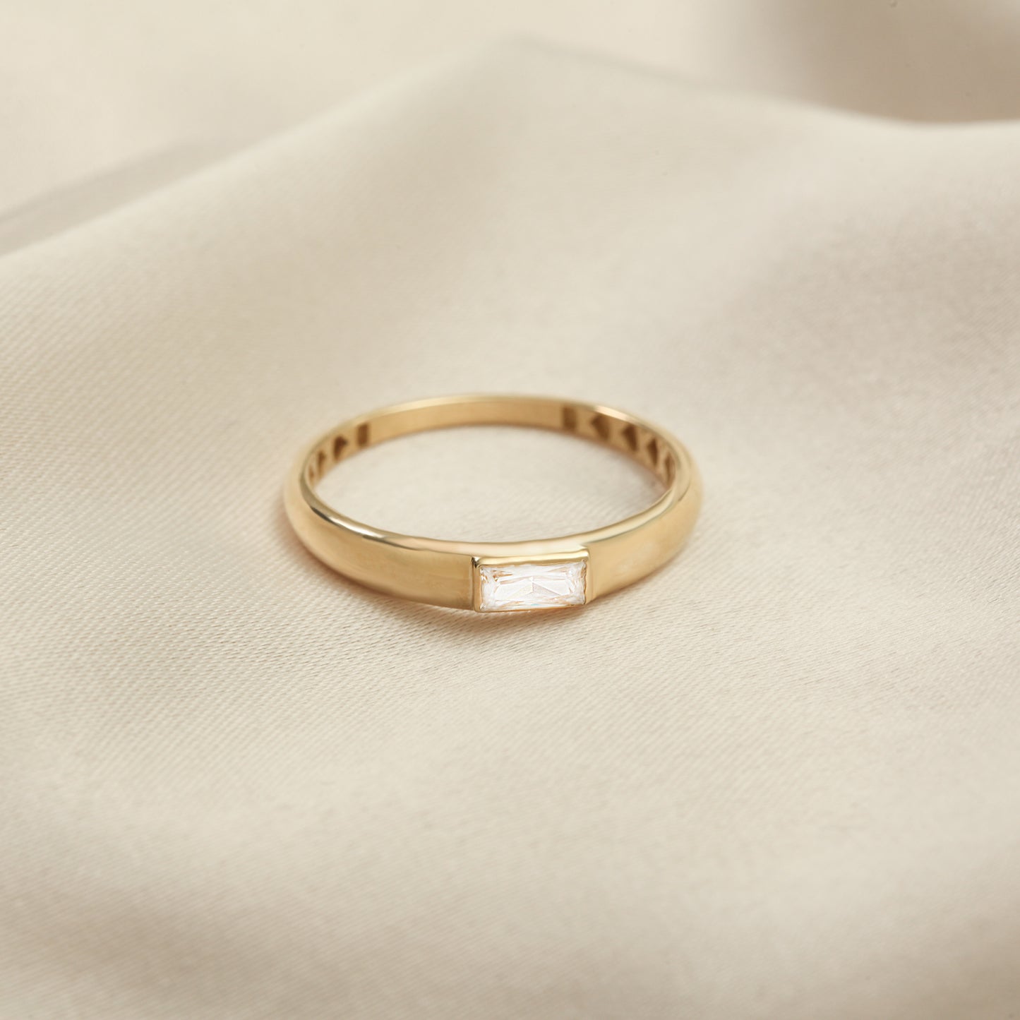 Baguette Solitaire CZ Ring in 14K Gold – Dainty Art-Deco Sparkle