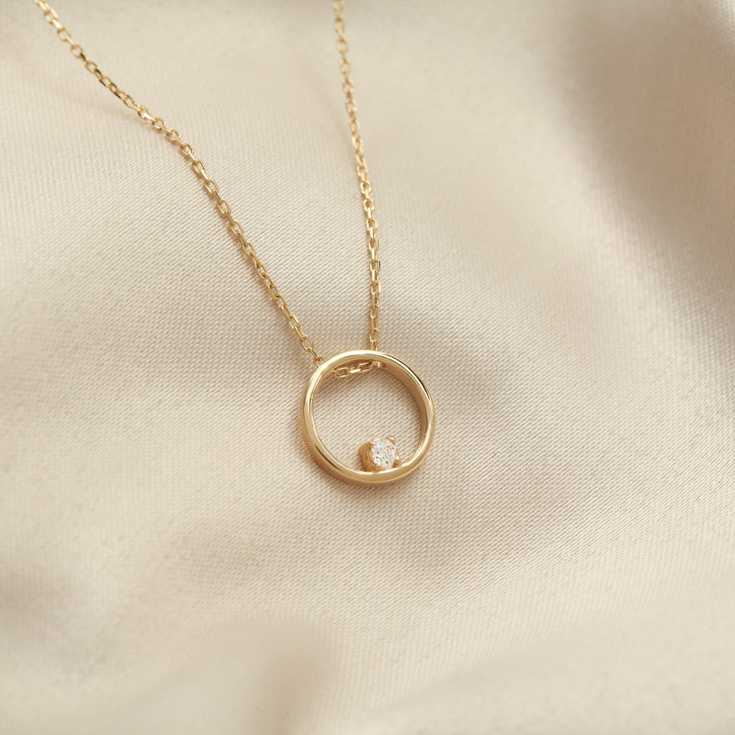 Gold Circle Necklace – 14K Solid Gold CZ Pendant