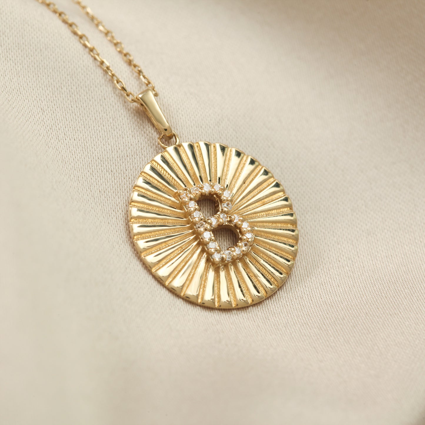 Gold Initial Necklace – 14K Sunburst Medallion Pendant