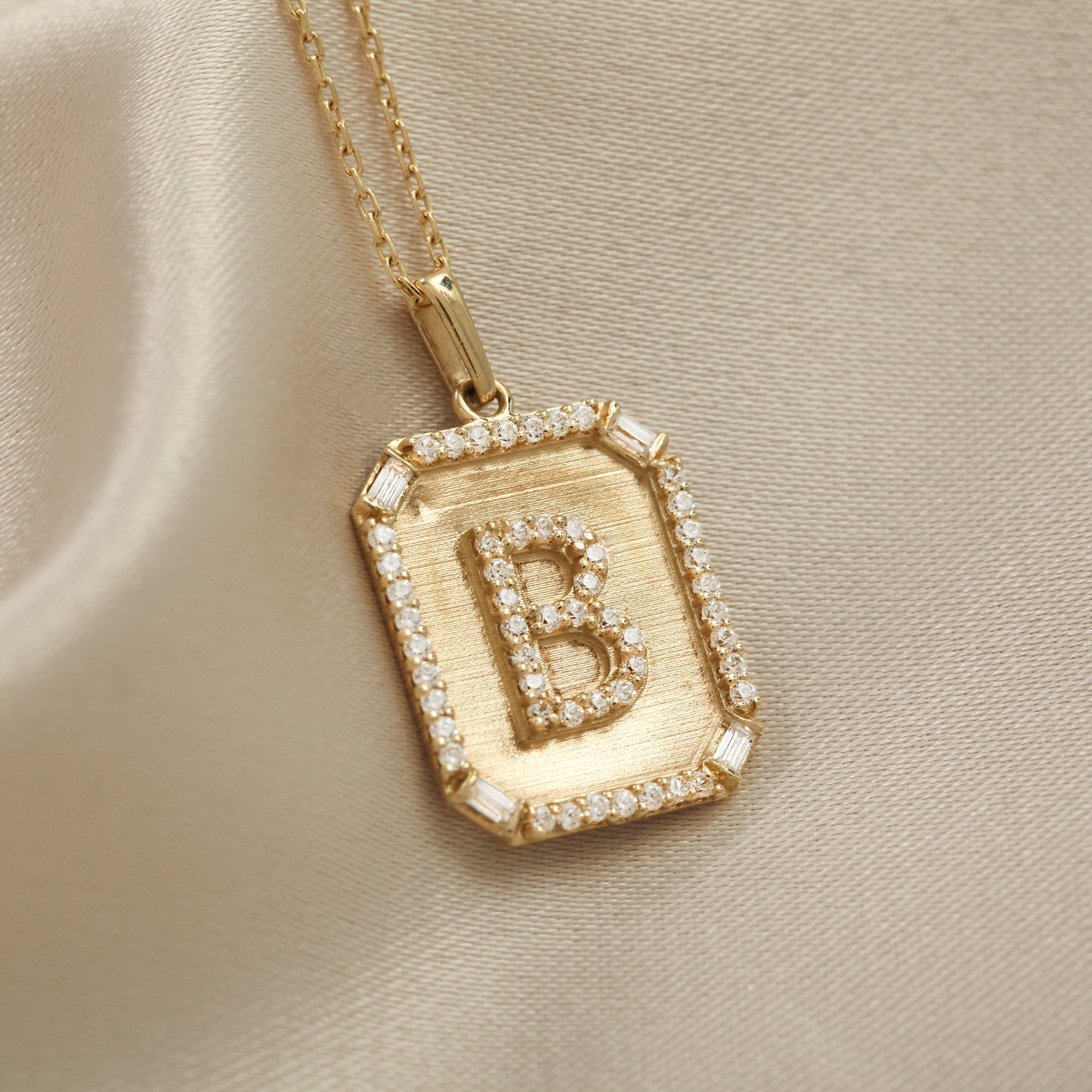 Gold Initial Pendant Necklace – 14K “B” Pavé CZ Frame