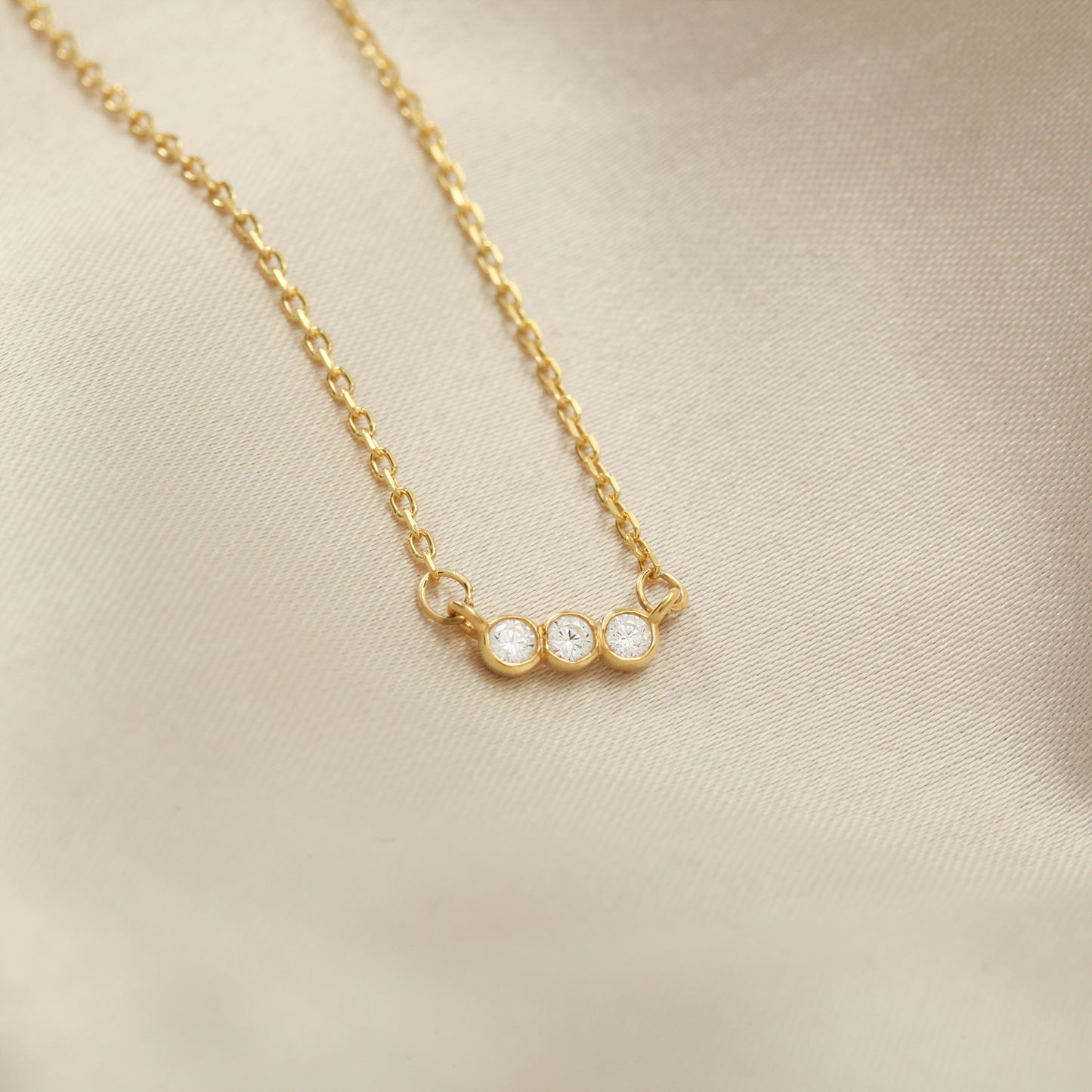 14k Gold Bar Necklace – Dainty 3-Stone CZ Sparkle
