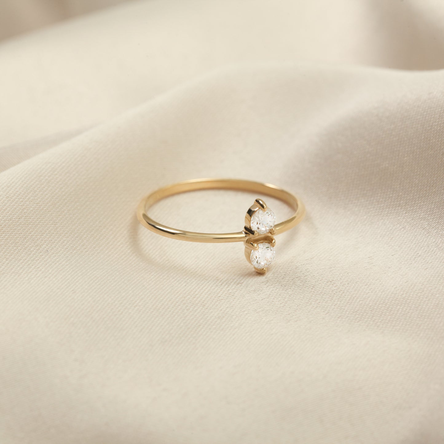 14K Minimalist Double Zircon Stone Gold Ring