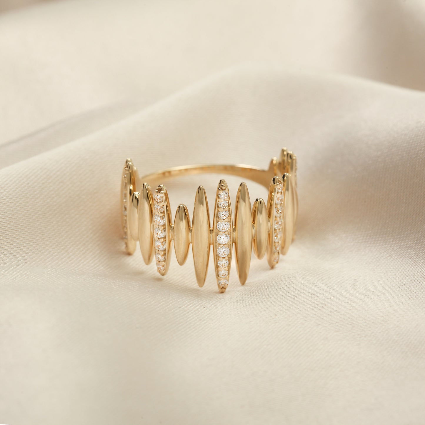 14K Gold Statement Ring – Wide Navette Band with CZ Sparkle