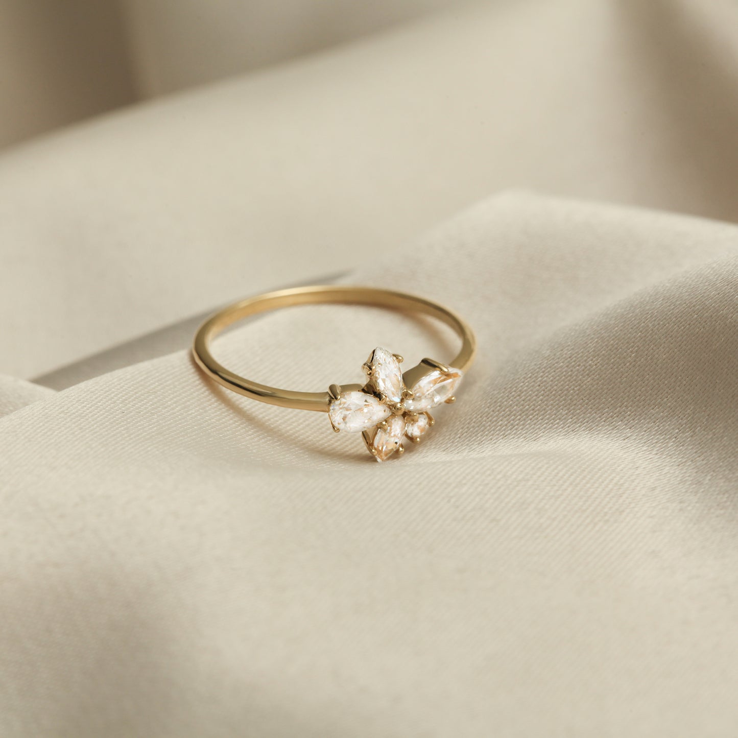14K Gold Flower Ring – Dainty Marquise-CZ Cluster Band
