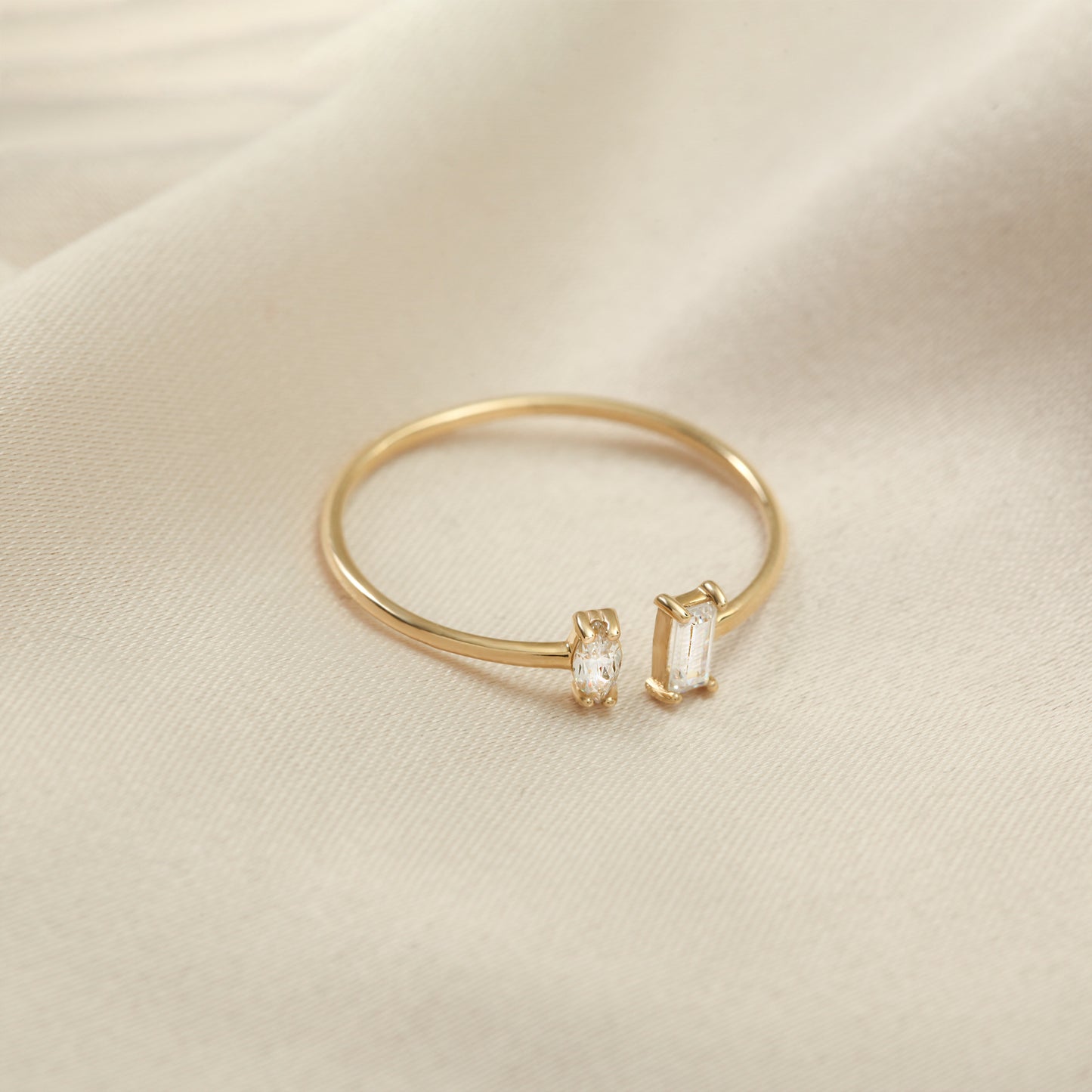 14K Solid Gold Ring with Baguette and Marquise Zircon