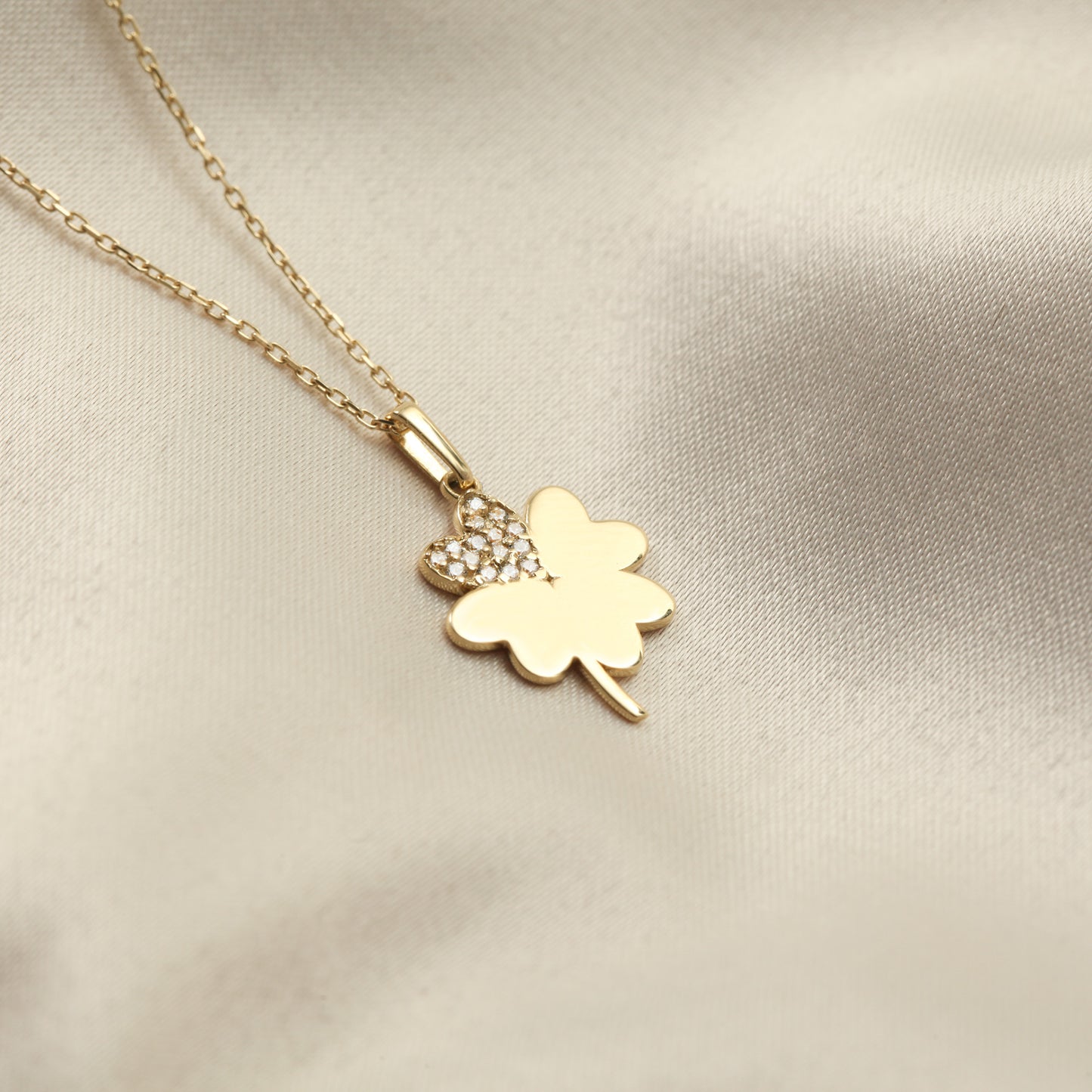 14K Gold Clover Necklace – Lucky CZ Pendant, Adjustable Chain