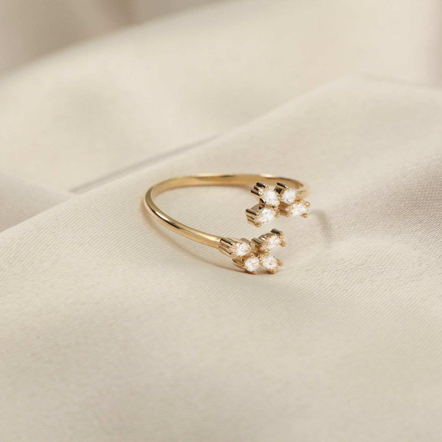 14K Gold Bypass Ring – Marquise CZ Flower Open Band