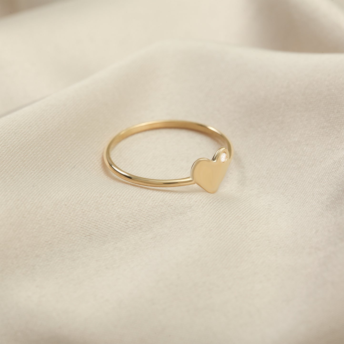 14K Gold Heart Ring With Tiny CZ – Ultra-Slim 1.2 mm Band