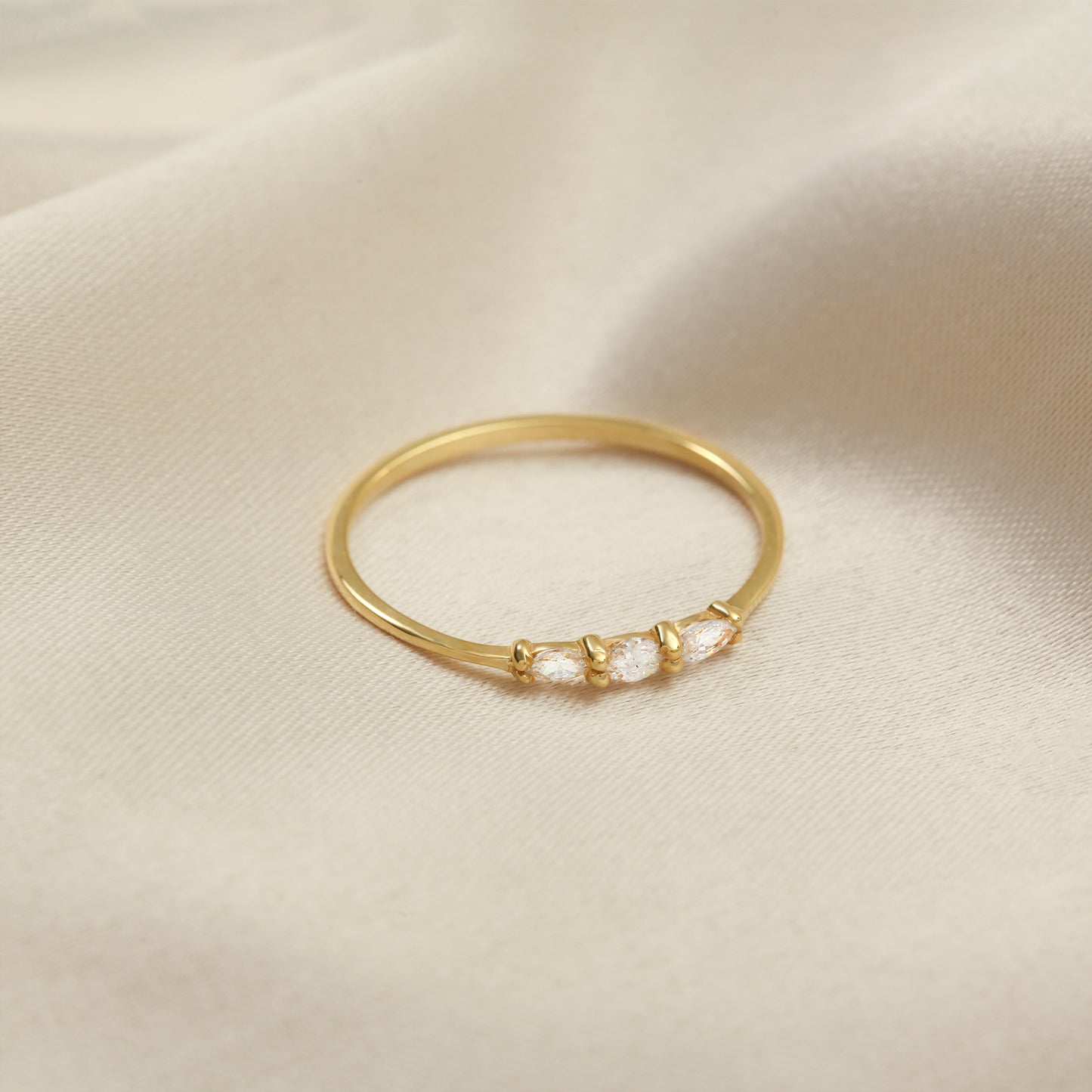 14K Gold Marquise Stacking Ring – Triple CZ Sparkle