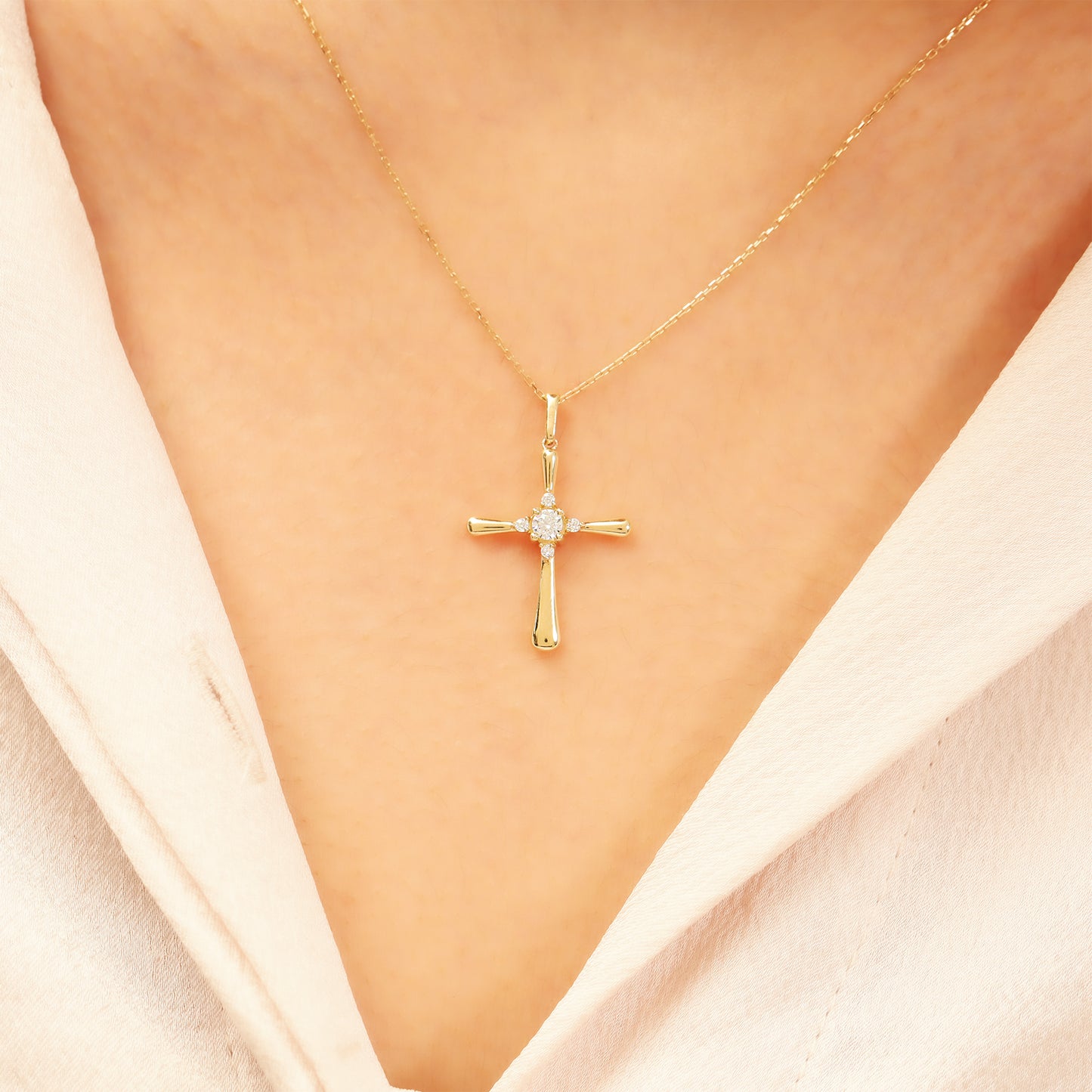 14k Gold Cross Necklace – Dainty CZ Faith Pendant