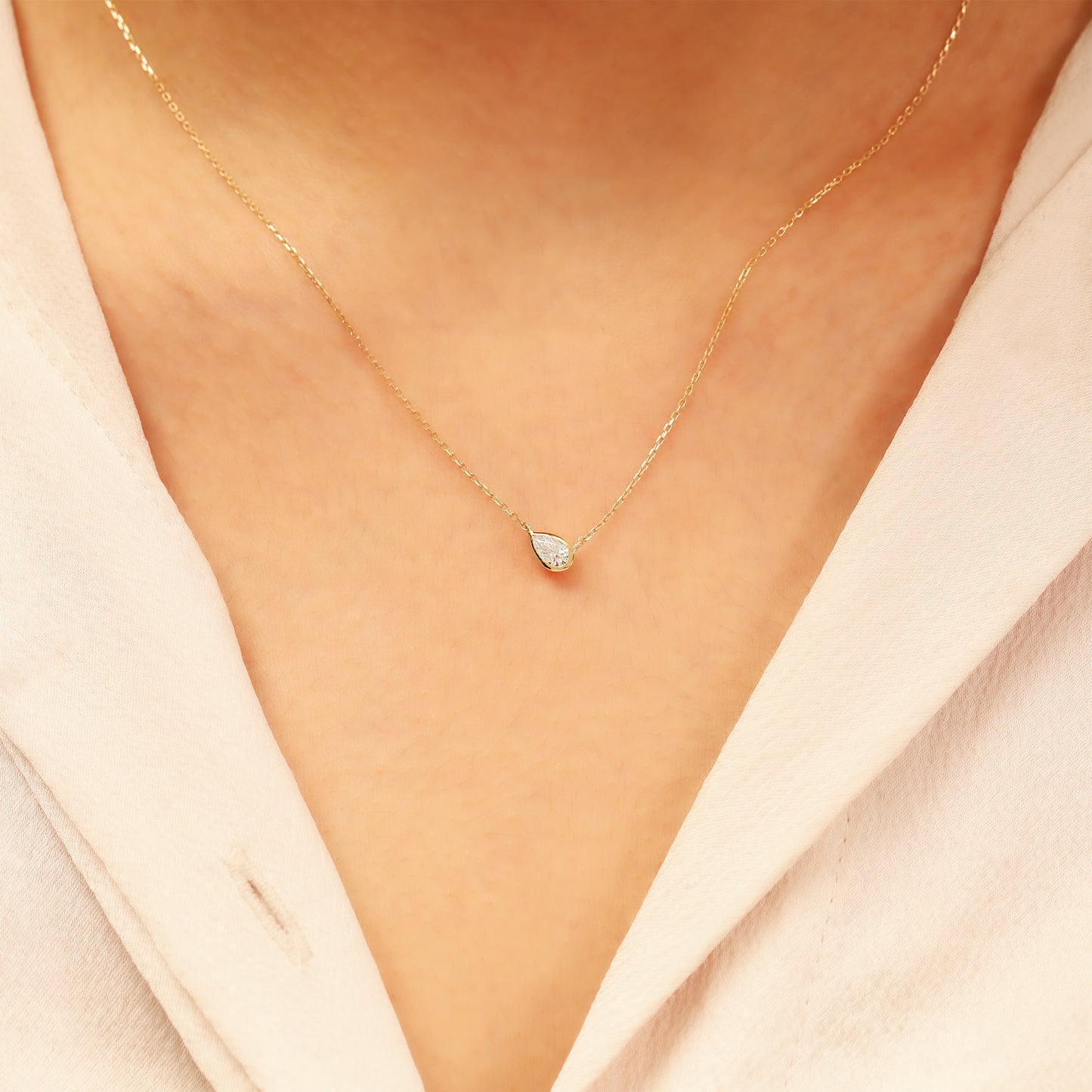 Pear Stone Necklace 14K Gold – Bezel-Set Teardrop Sparkle