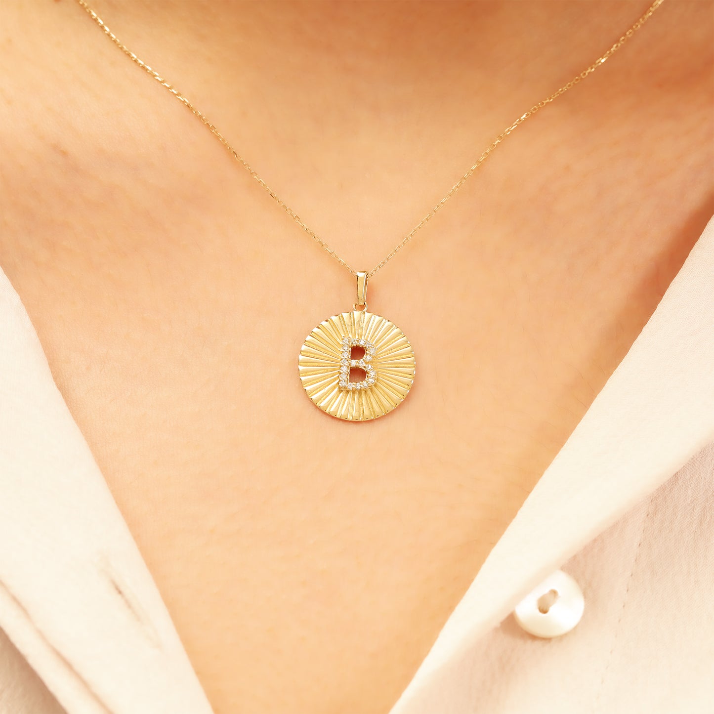 Gold Initial Necklace – 14K Sunburst Medallion Pendant
