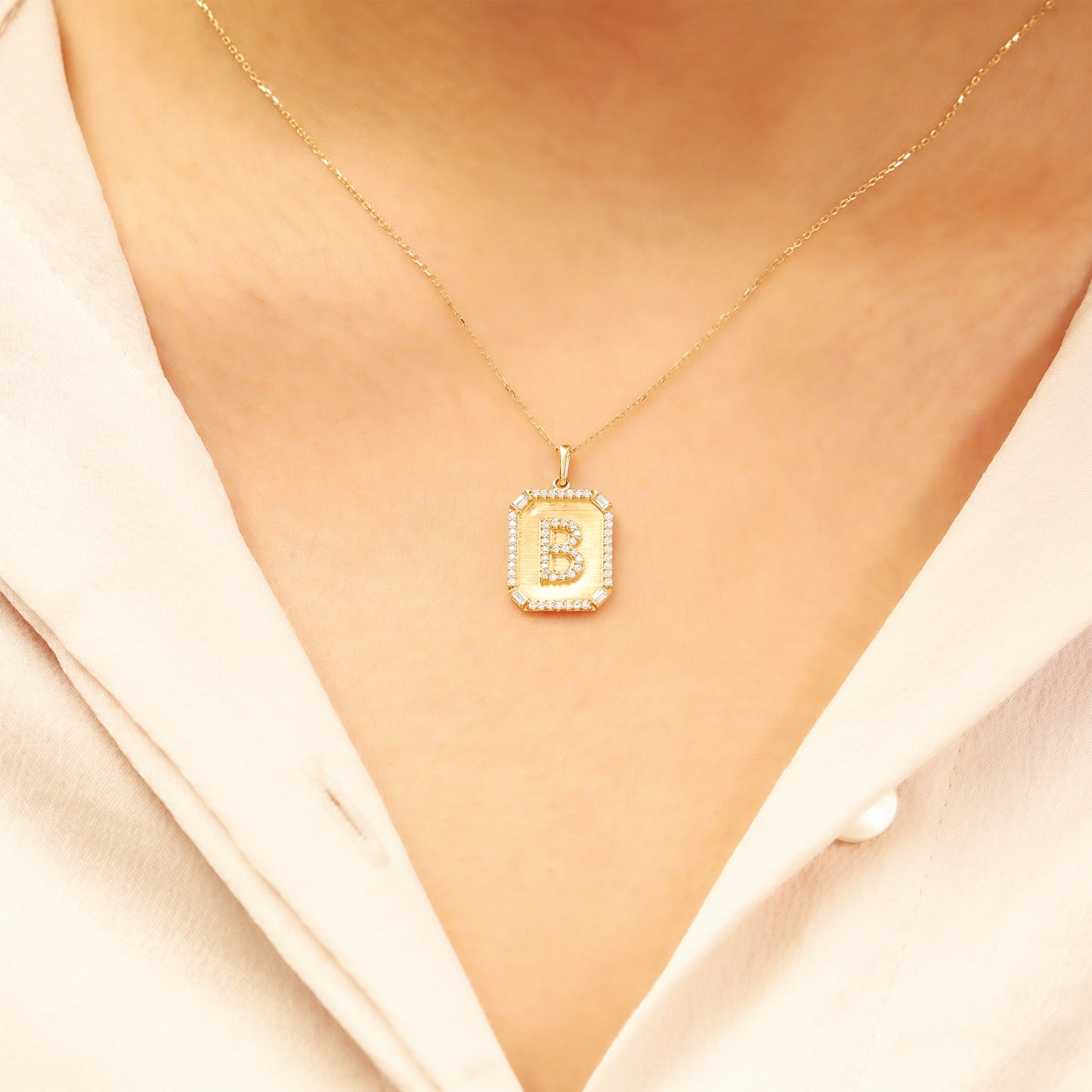 Gold Initial Pendant Necklace – 14K “B” Pavé CZ Frame