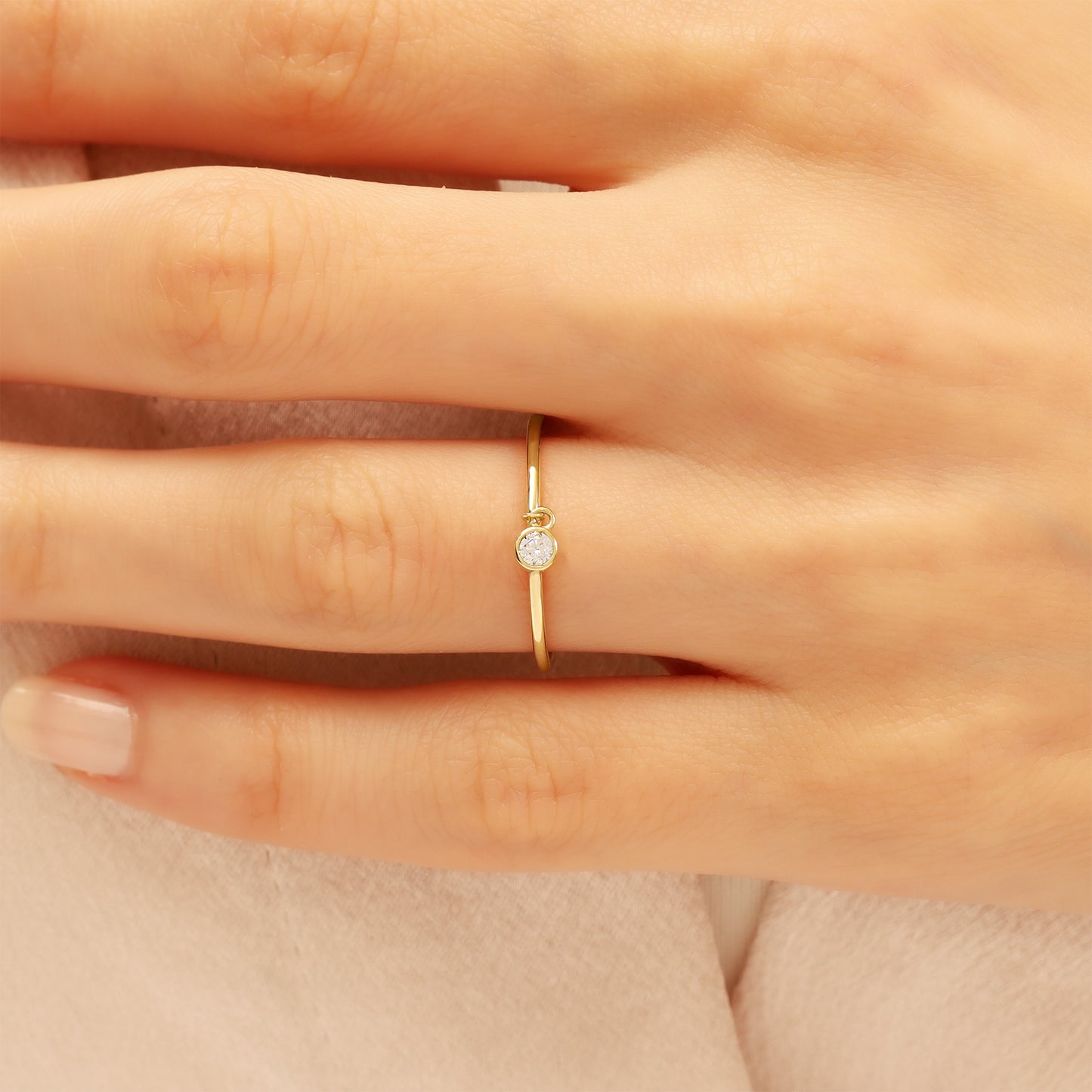 Minimalist 14K Gold Ring with Dangling Zircon