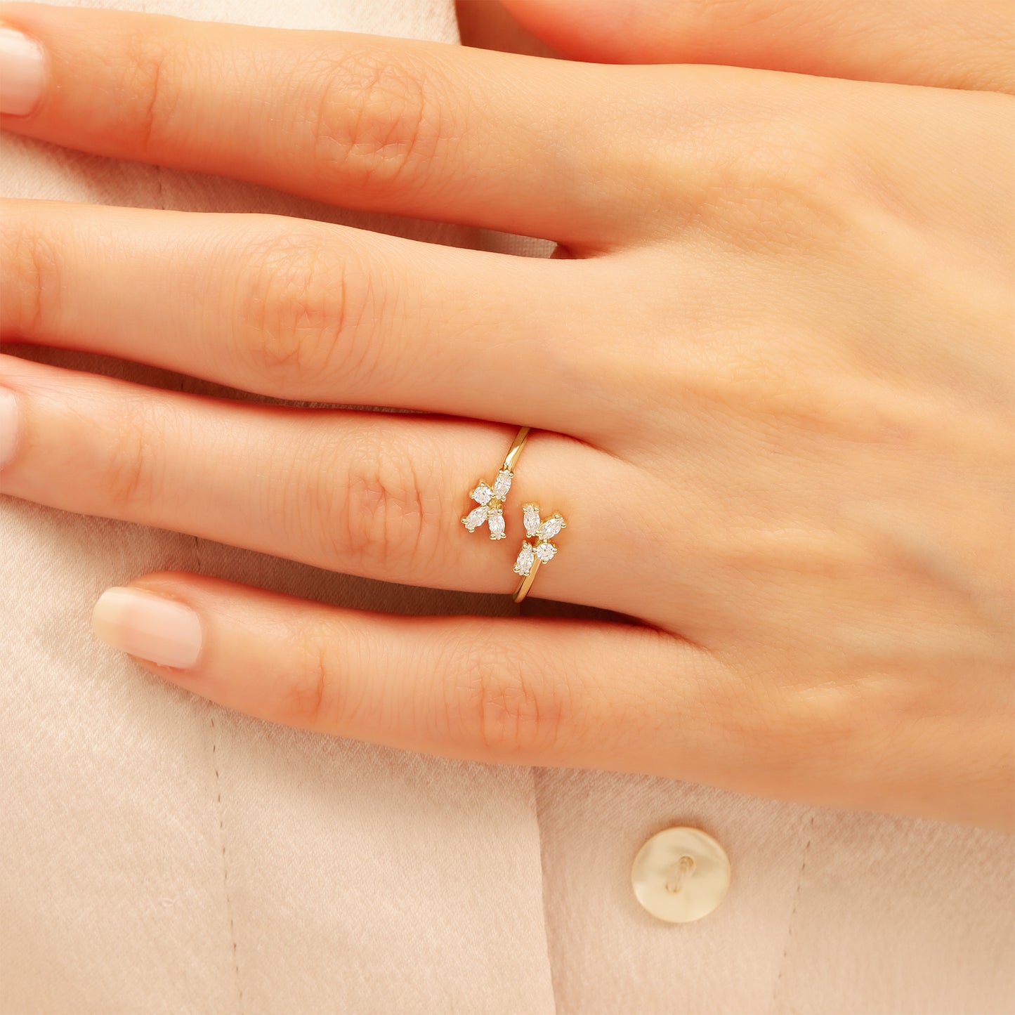 14K Gold Bypass Ring – Marquise CZ Flower Open Band