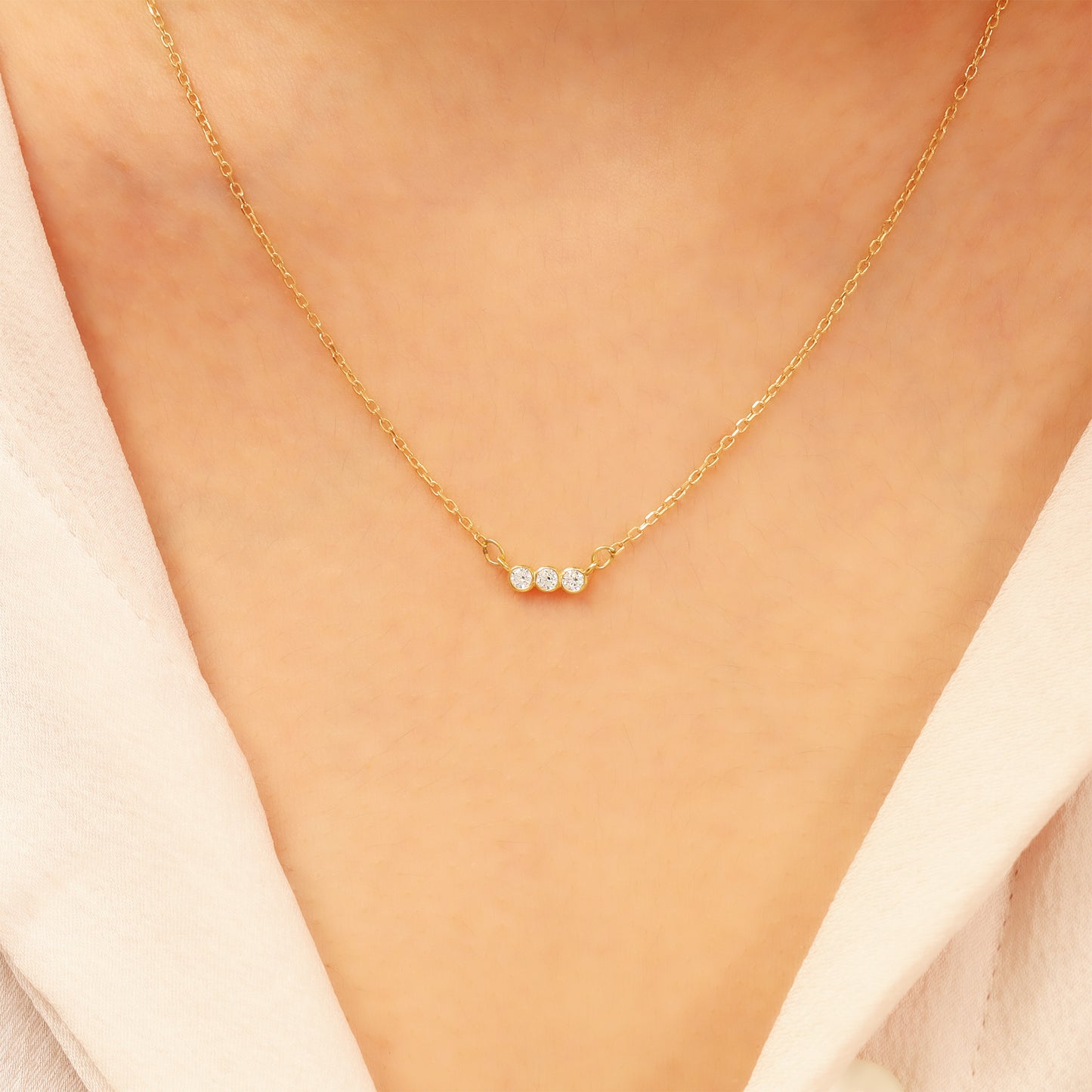 14k Gold Bar Necklace – Dainty 3-Stone CZ Sparkle