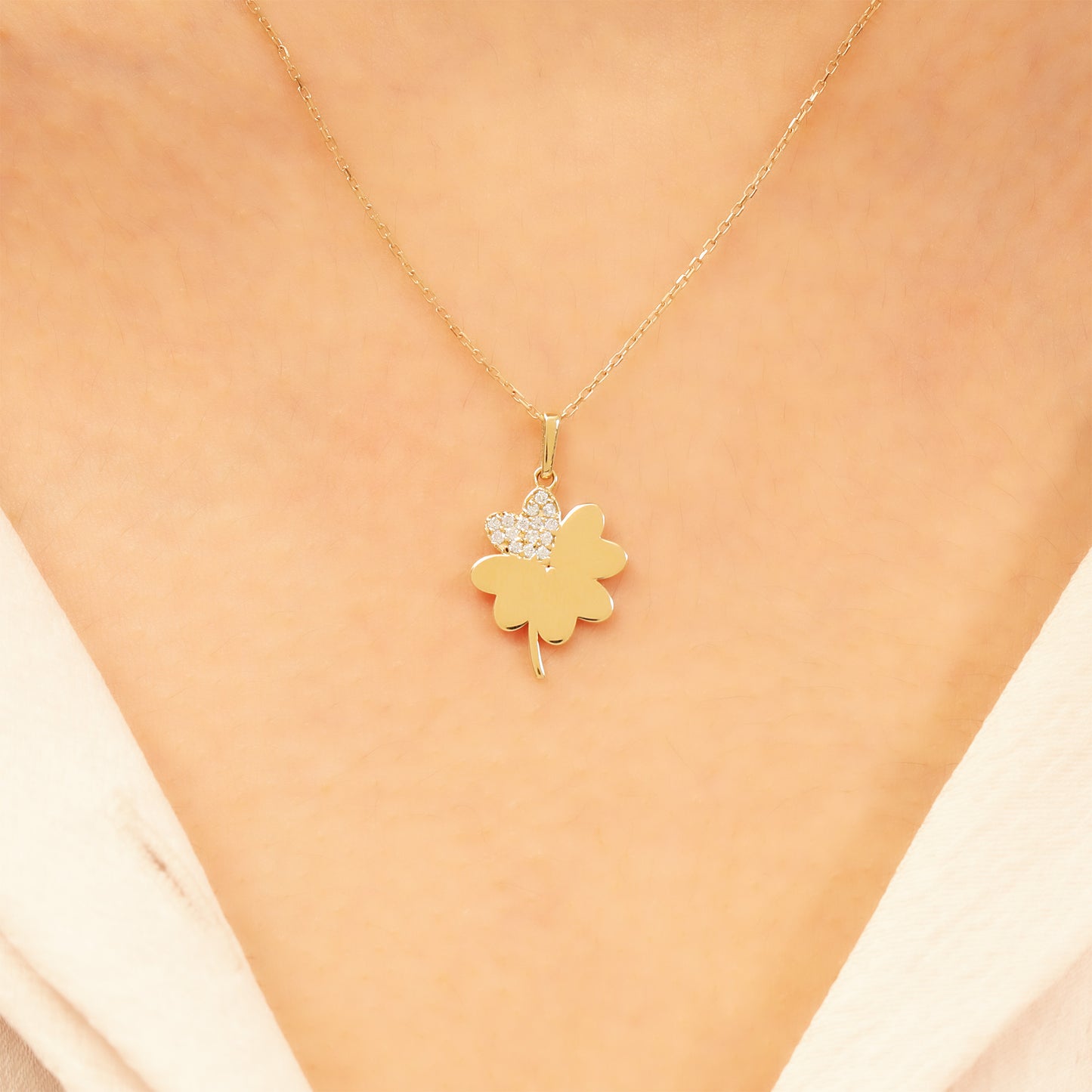 14K Gold Clover Necklace – Lucky CZ Pendant, Adjustable Chain
