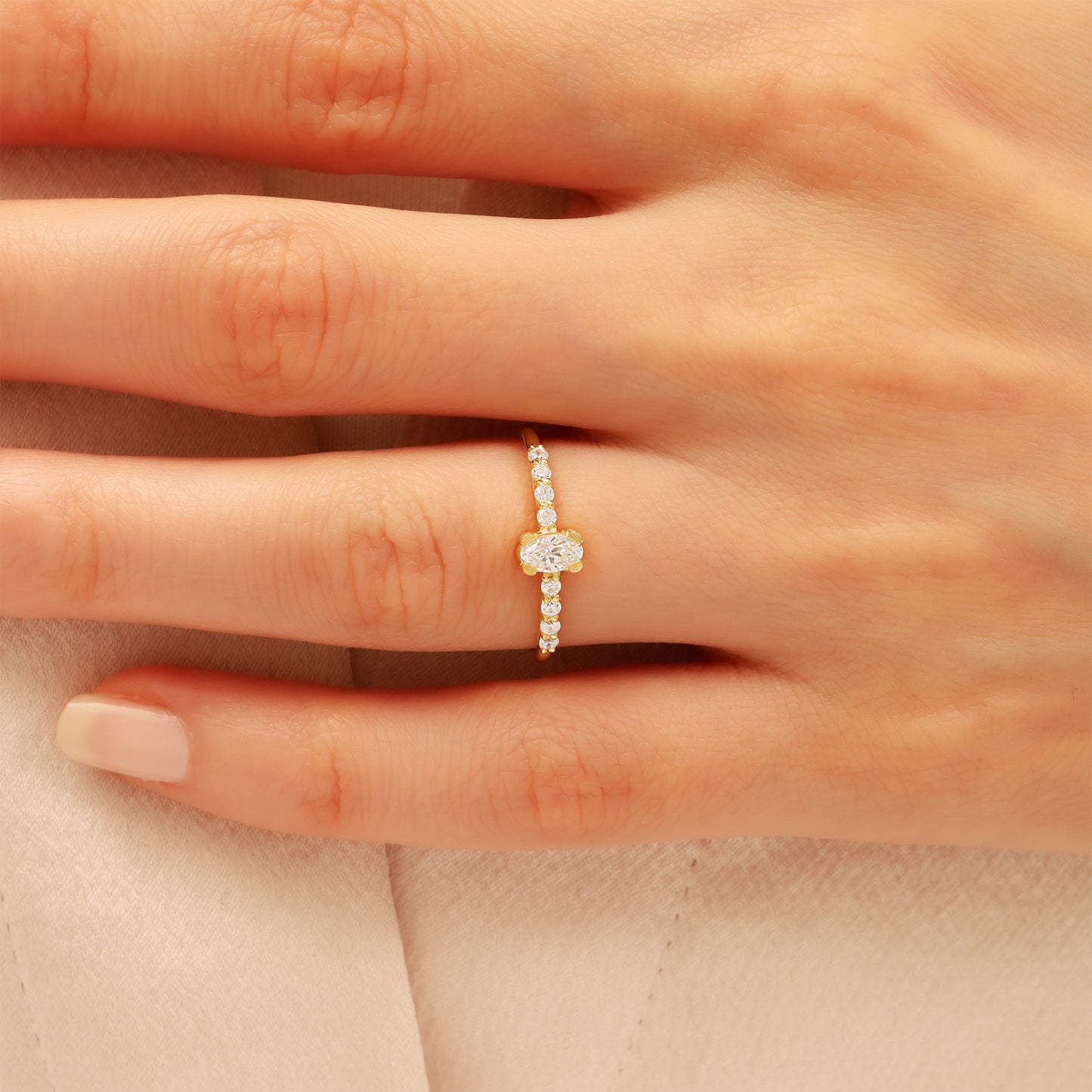 Oval CZ Engagement Ring 14K Gold | Slim 1.5 mm Band