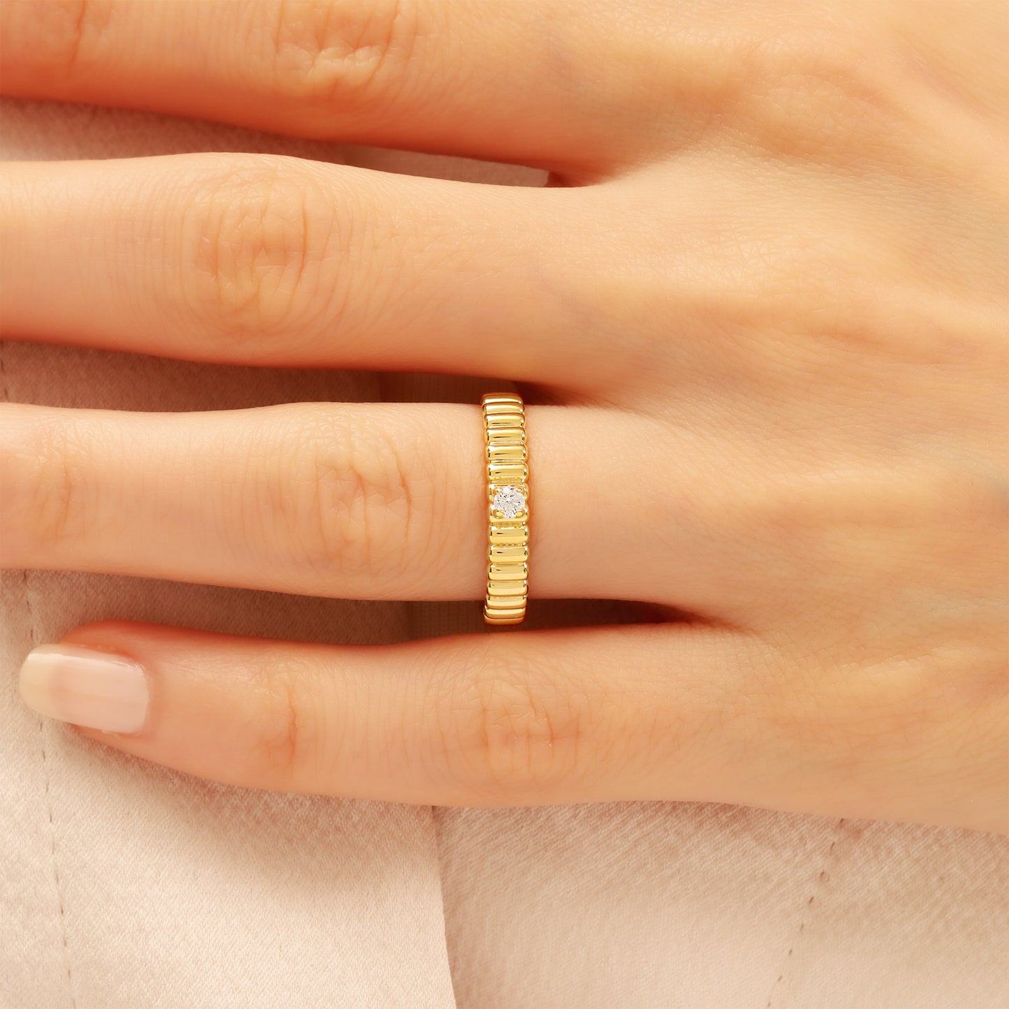14K Textured Gold Band Ring with Center Stone