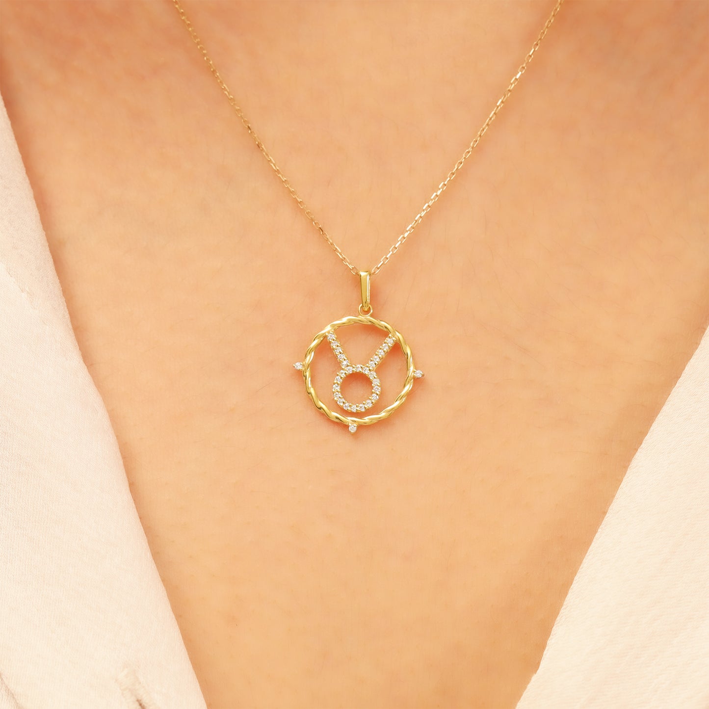 14k Gold Taurus Necklace – CZ Zodiac Pendant, Adjustable Chain