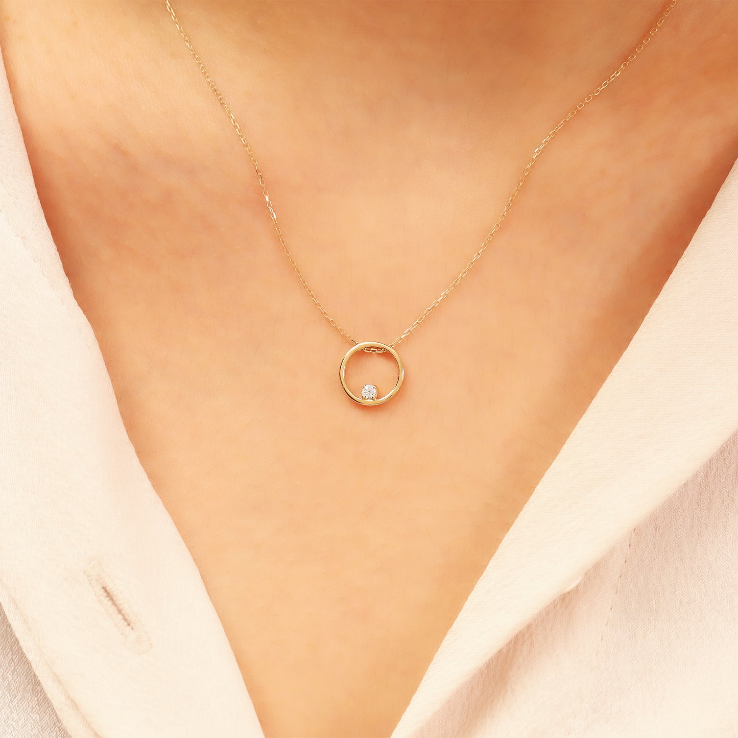 Gold Circle Necklace – 14K Solid Gold CZ Pendant