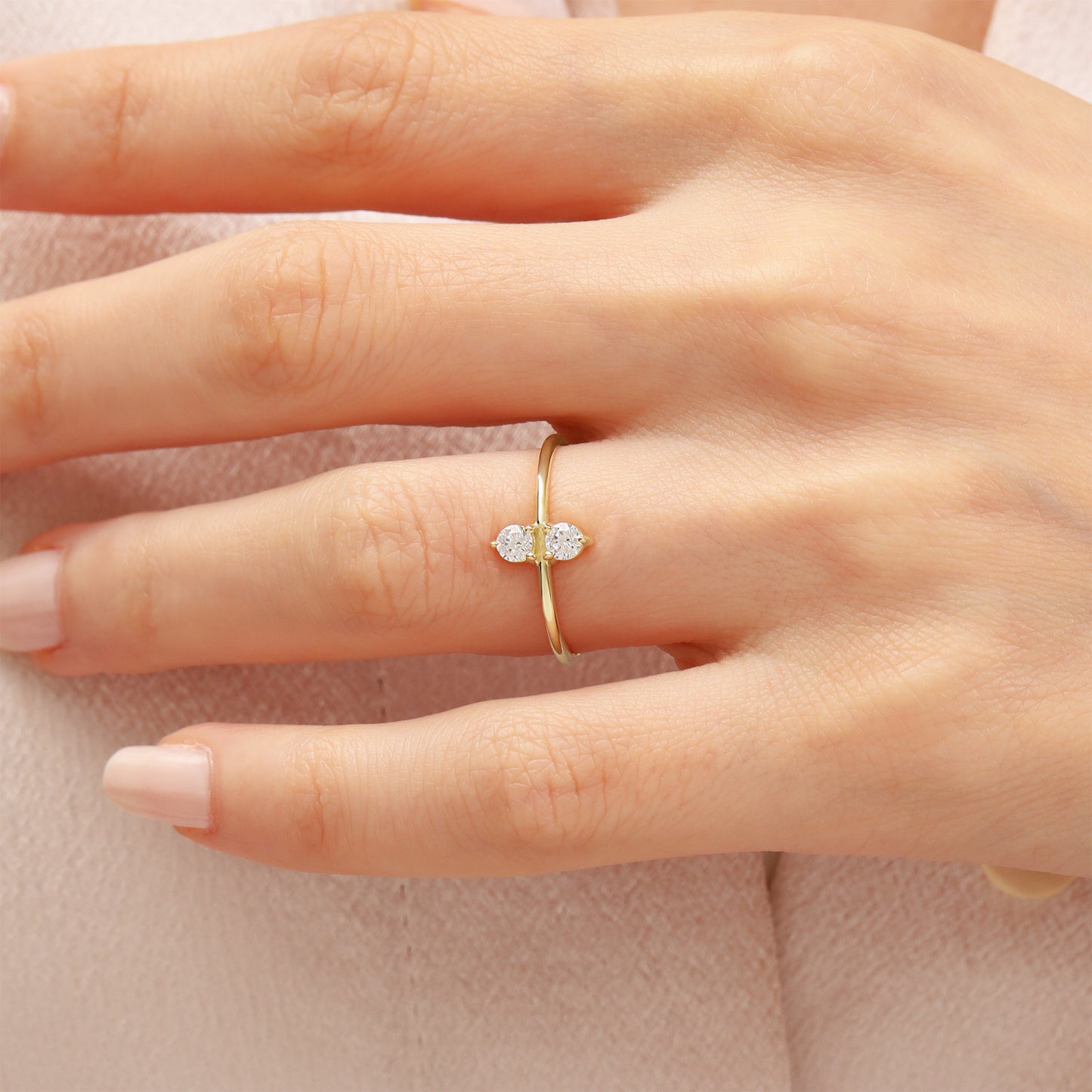 14K Minimalist Double Zircon Stone Gold Ring