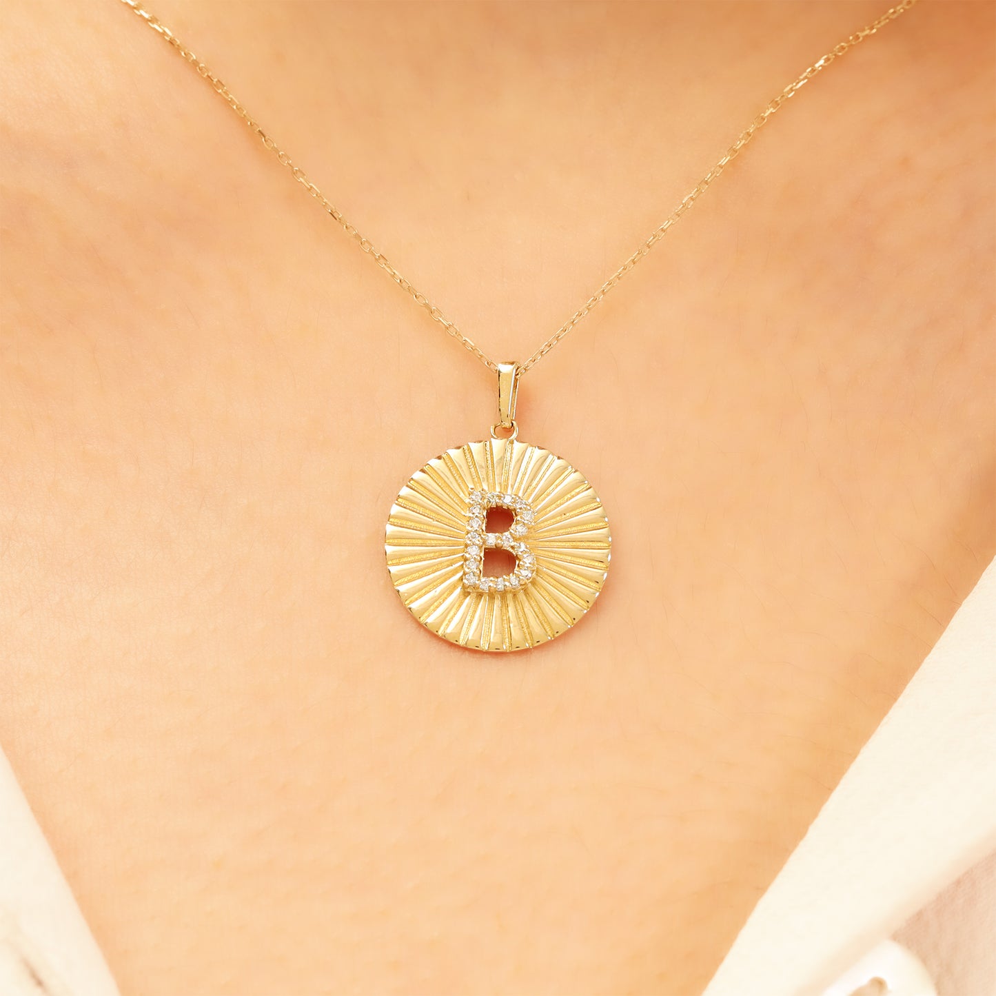 Gold Initial Necklace – 14K Sunburst Medallion Pendant