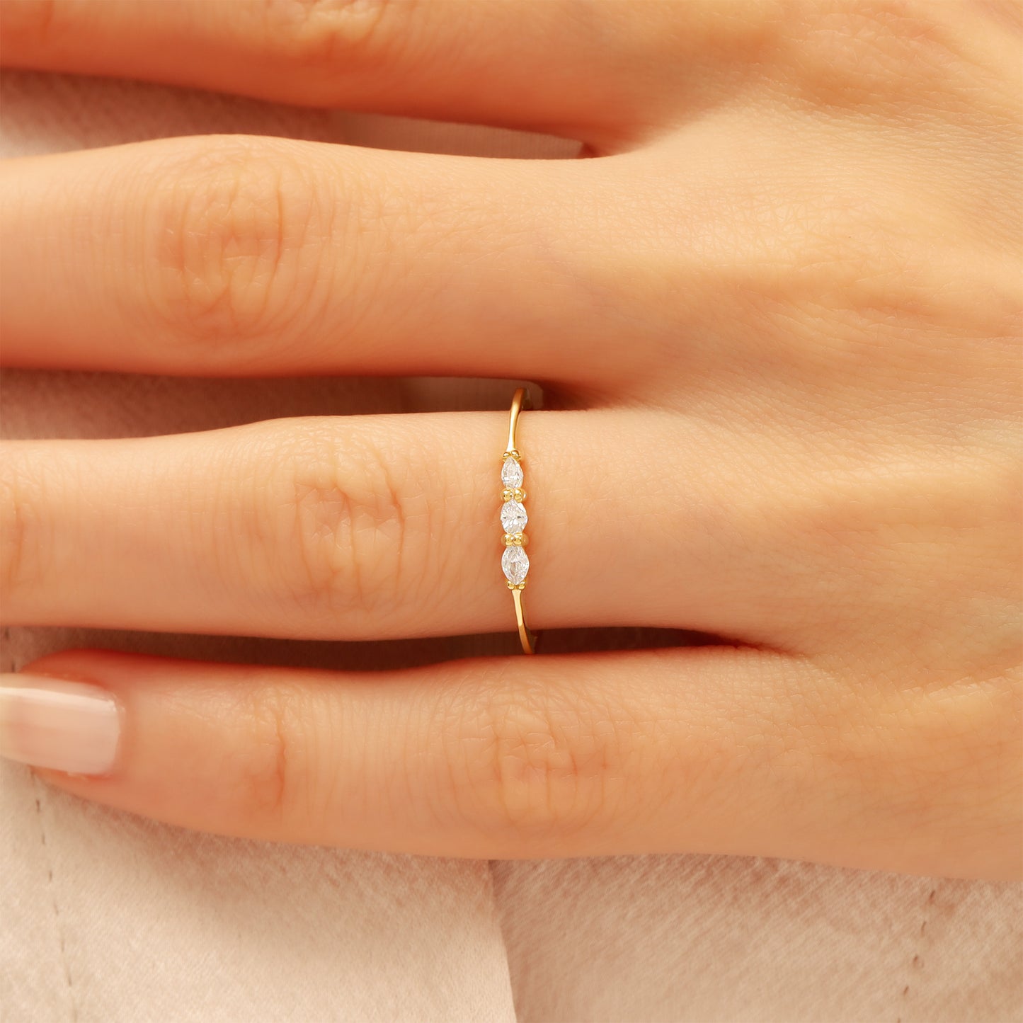 14K Gold Marquise Stacking Ring – Triple CZ Sparkle