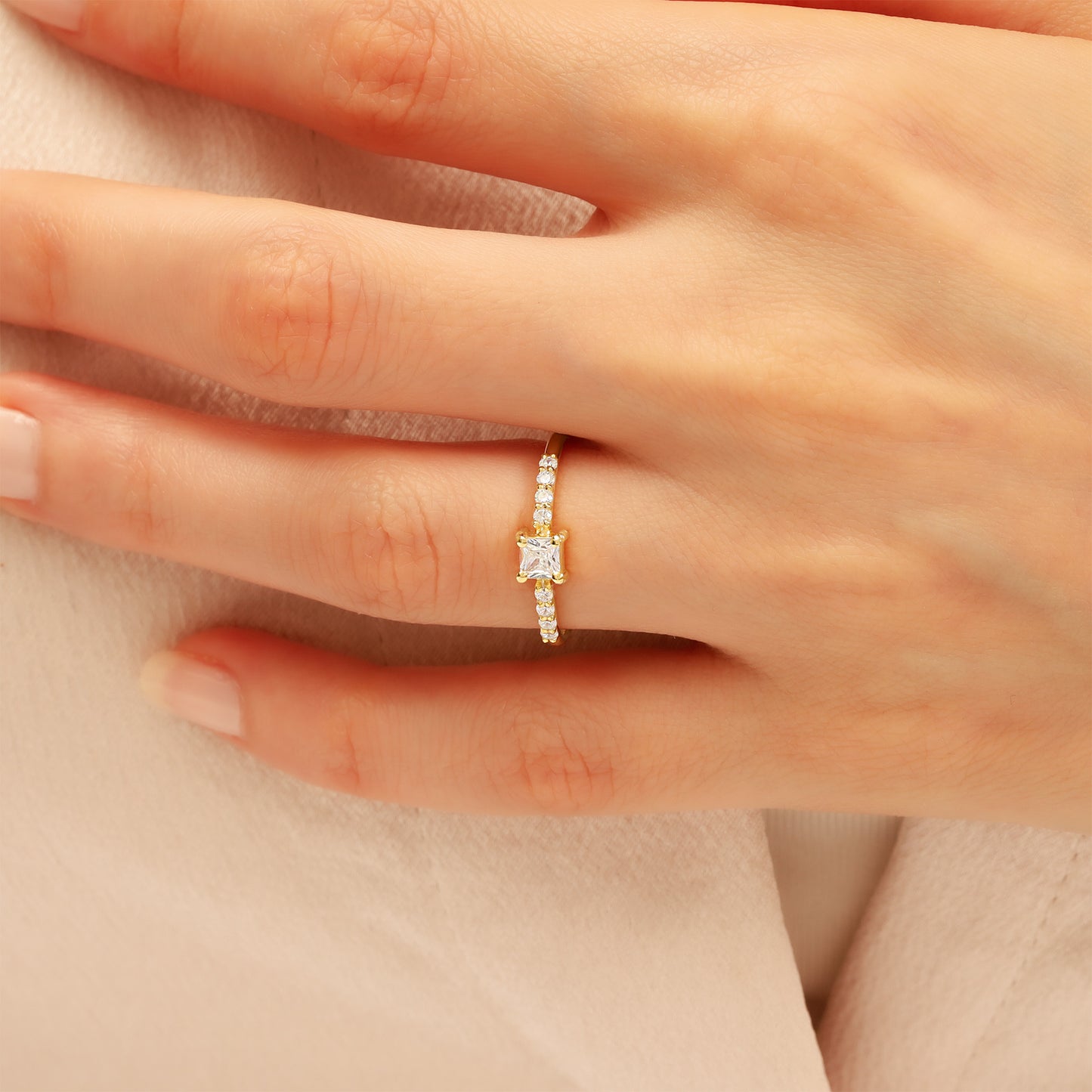 Princess-Cut Cubic Zirconia Engagement Ring in 14K Gold | Dainty 1.5 mm Band