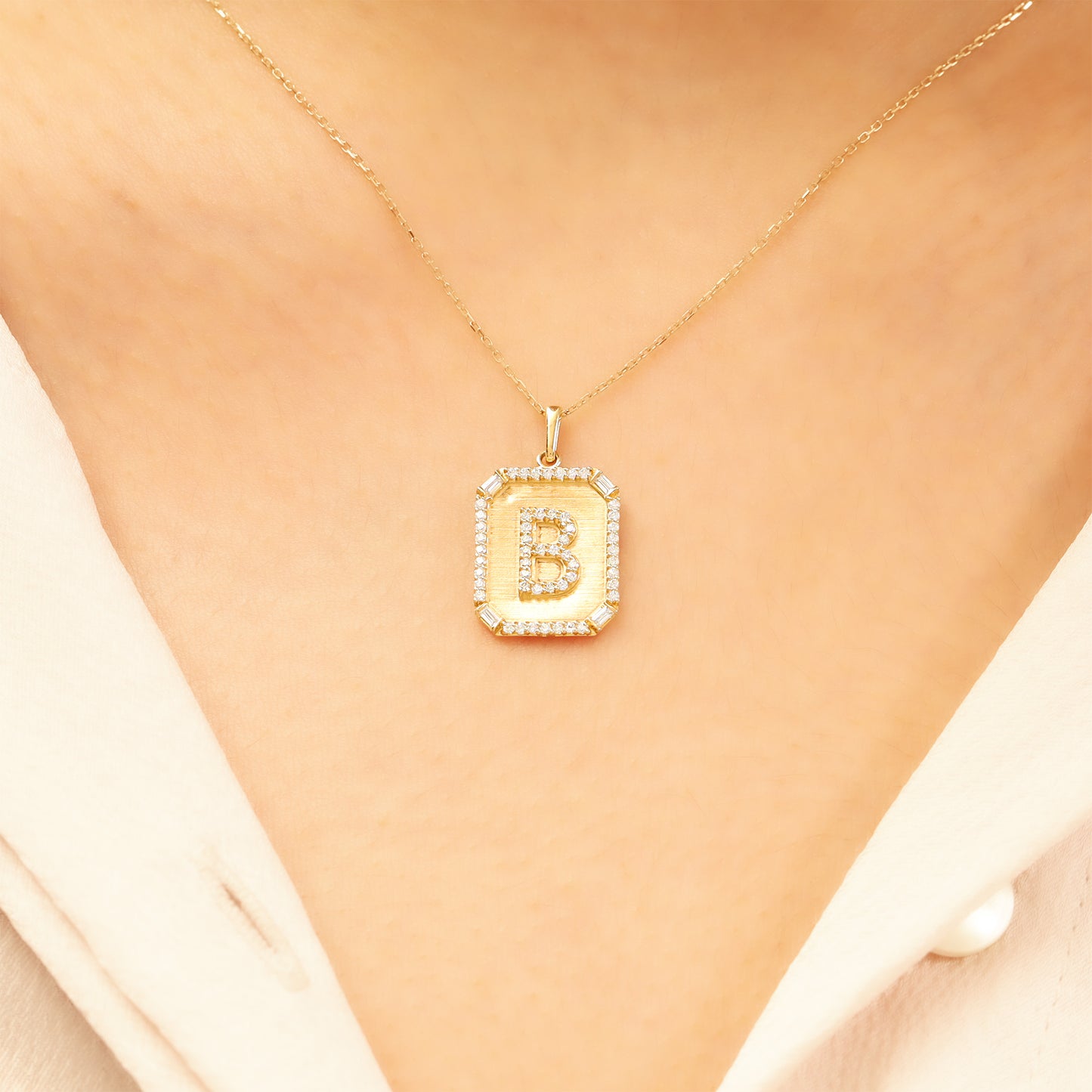 Gold Initial Pendant Necklace – 14K “B” Pavé CZ Frame