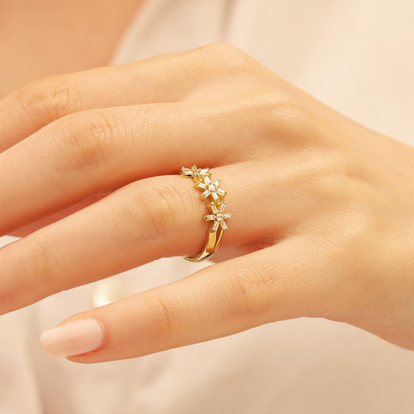 14K Floral Gold Ring with Baguette Zircon