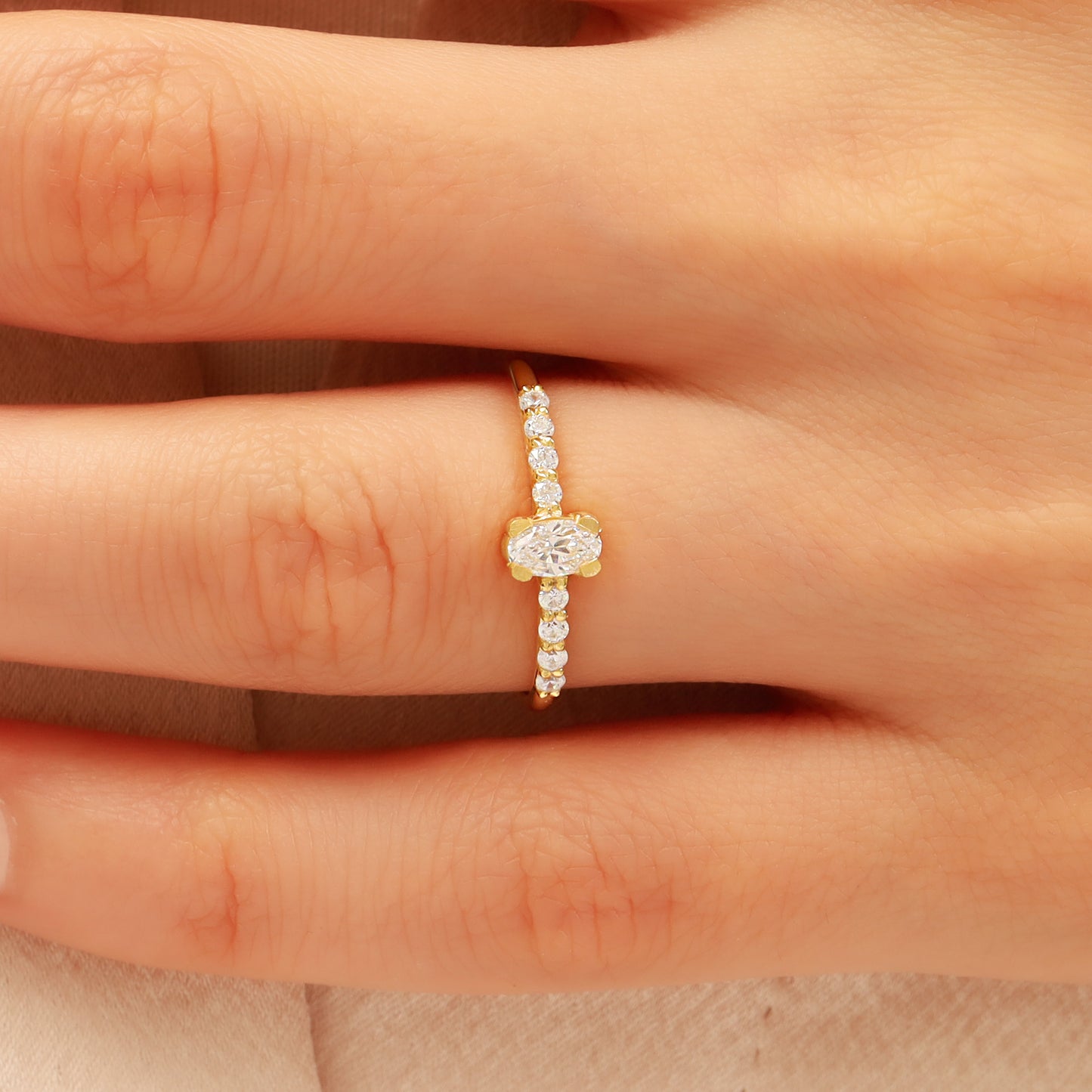 Oval CZ Engagement Ring 14K Gold | Slim 1.5 mm Band