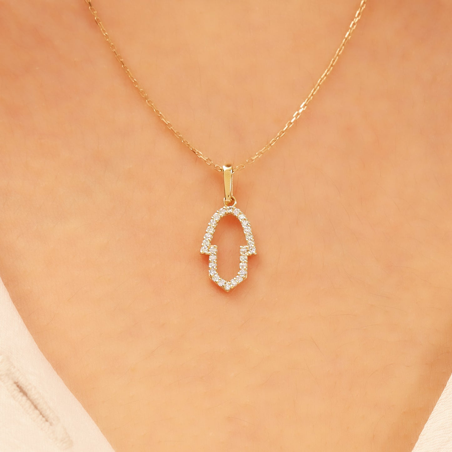 14K Gold Hamsa Necklace – Dainty CZ Outline Protection Pendant