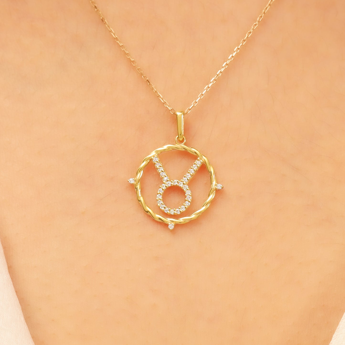 14k Gold Taurus Necklace – CZ Zodiac Pendant, Adjustable Chain