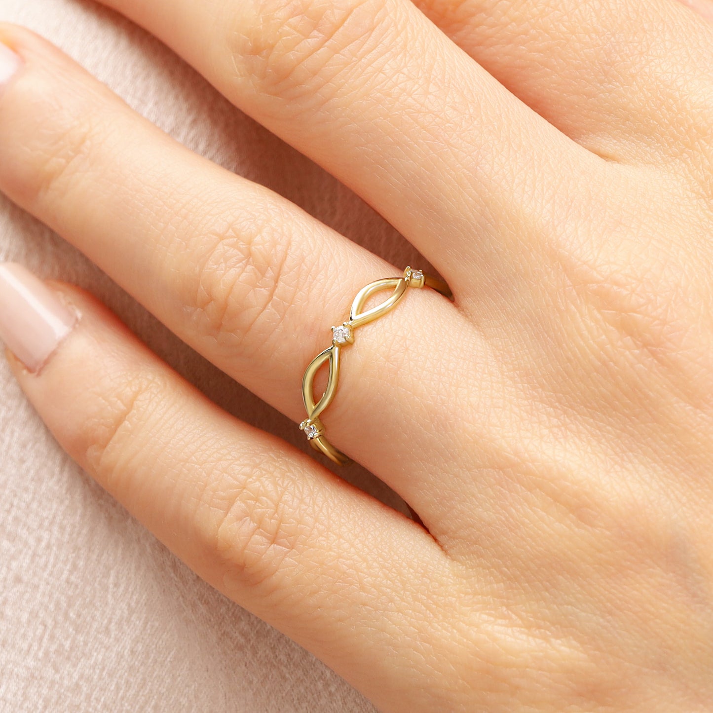 14K Dainty Infinity Solid Gold Ring with Zircon