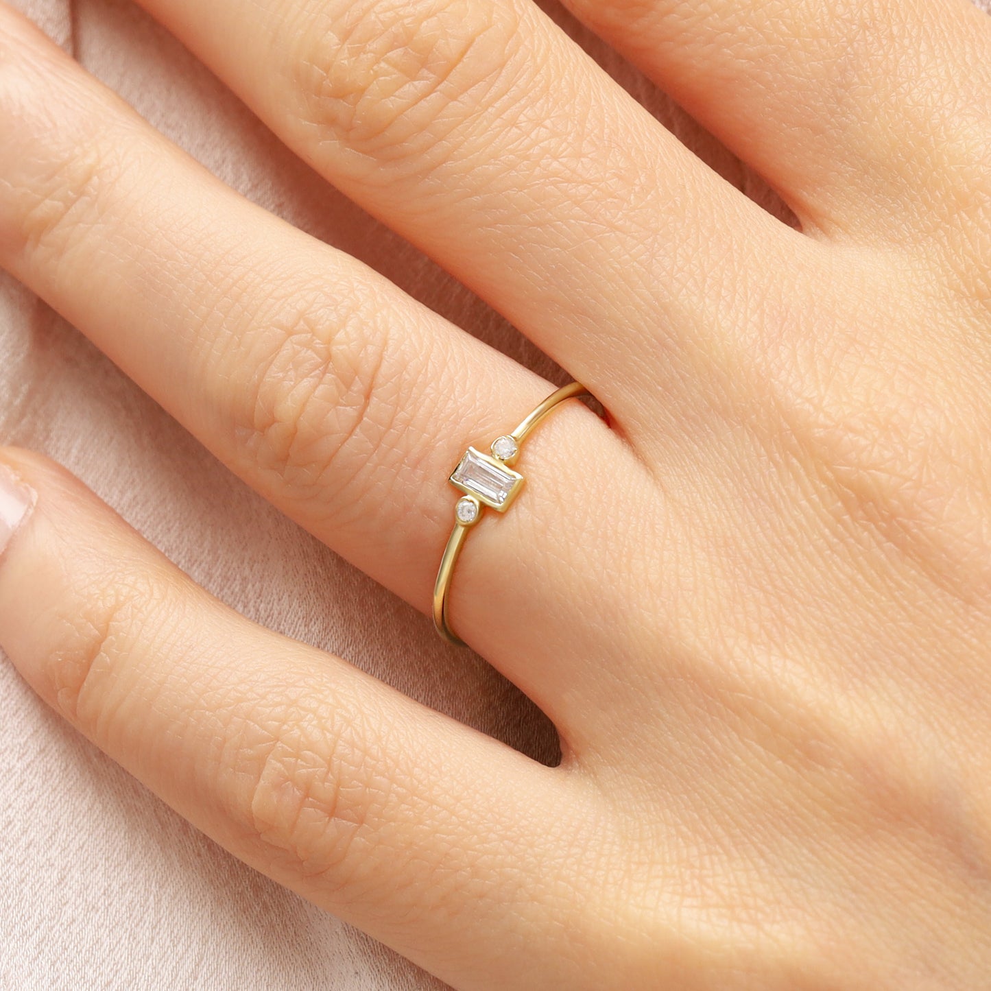 14K Minimalist Baguette Zircon Solid Gold Ring