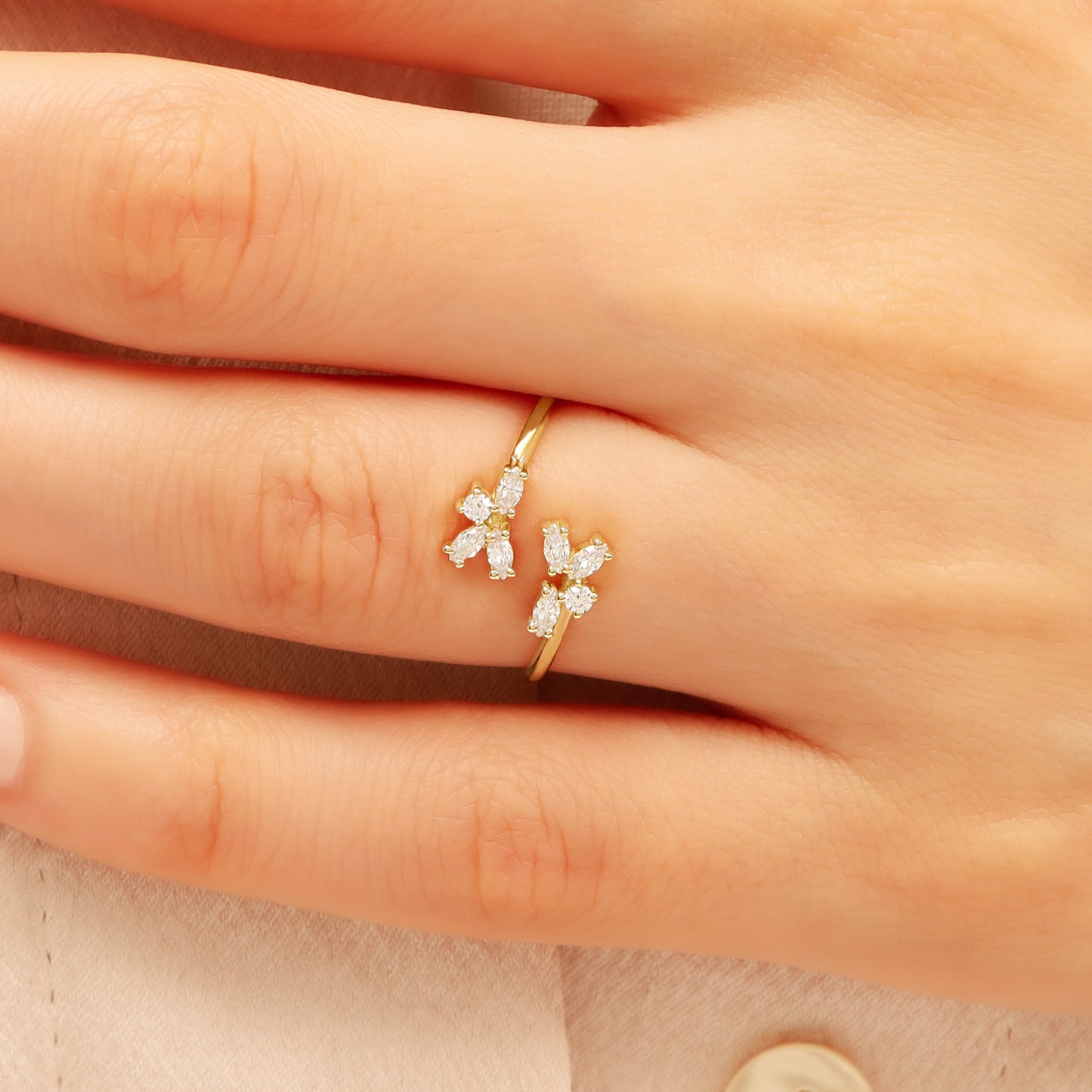 14K Gold Bypass Ring – Marquise CZ Flower Open Band