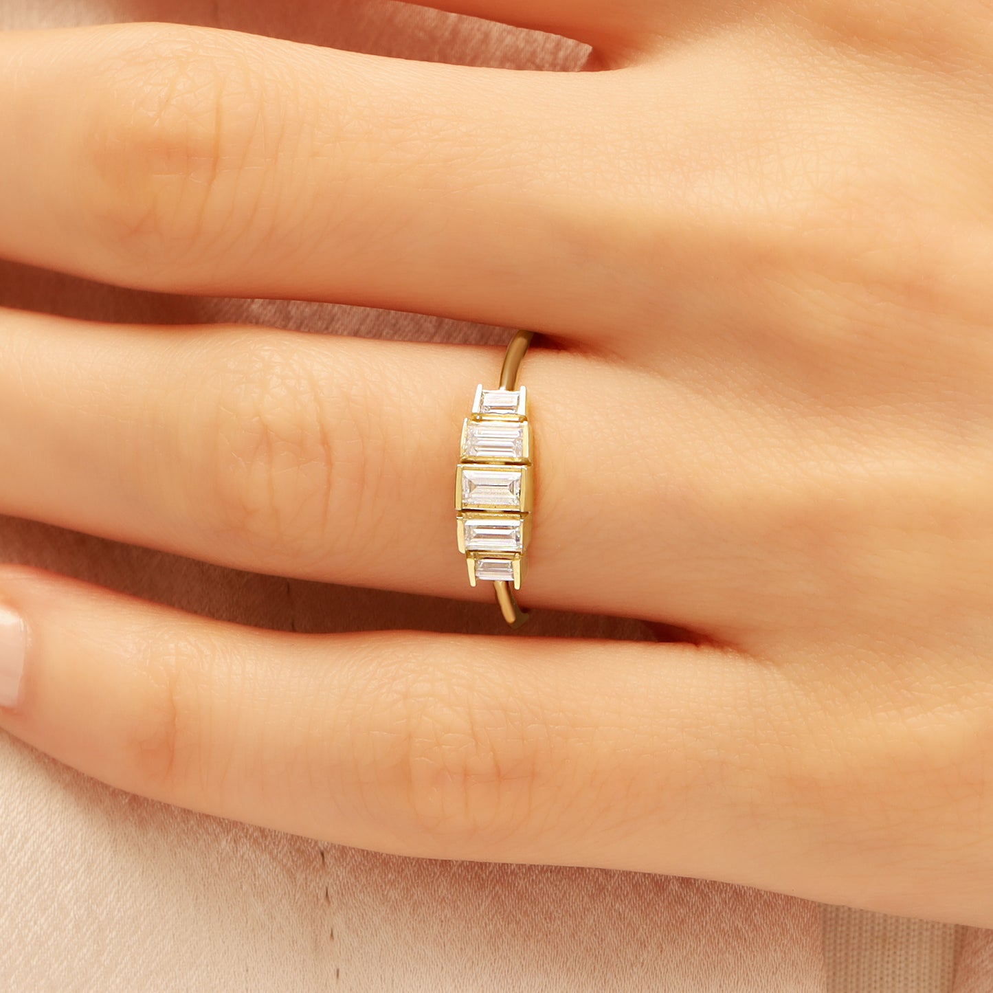 14K Baguette Zircon Solid Gold Stacking Ring