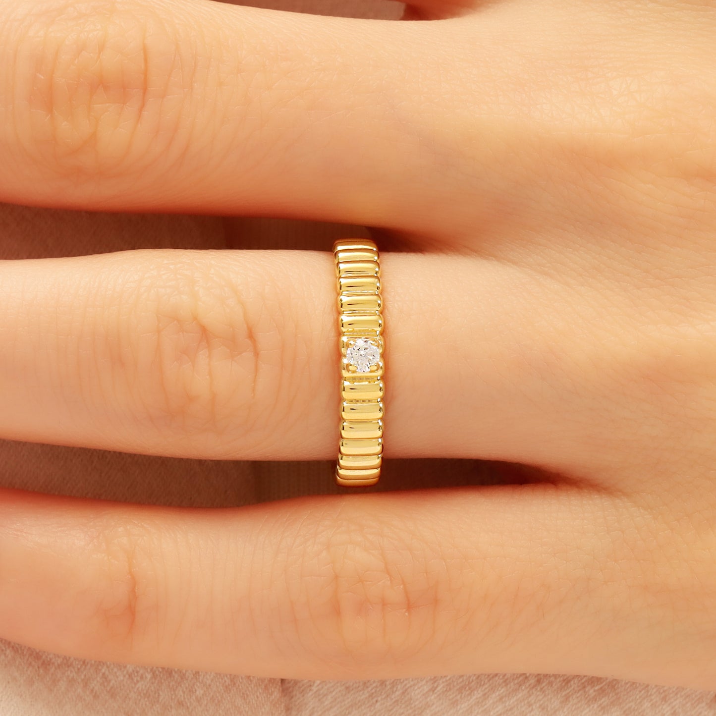 14K Textured Gold Band Ring with Center Stone