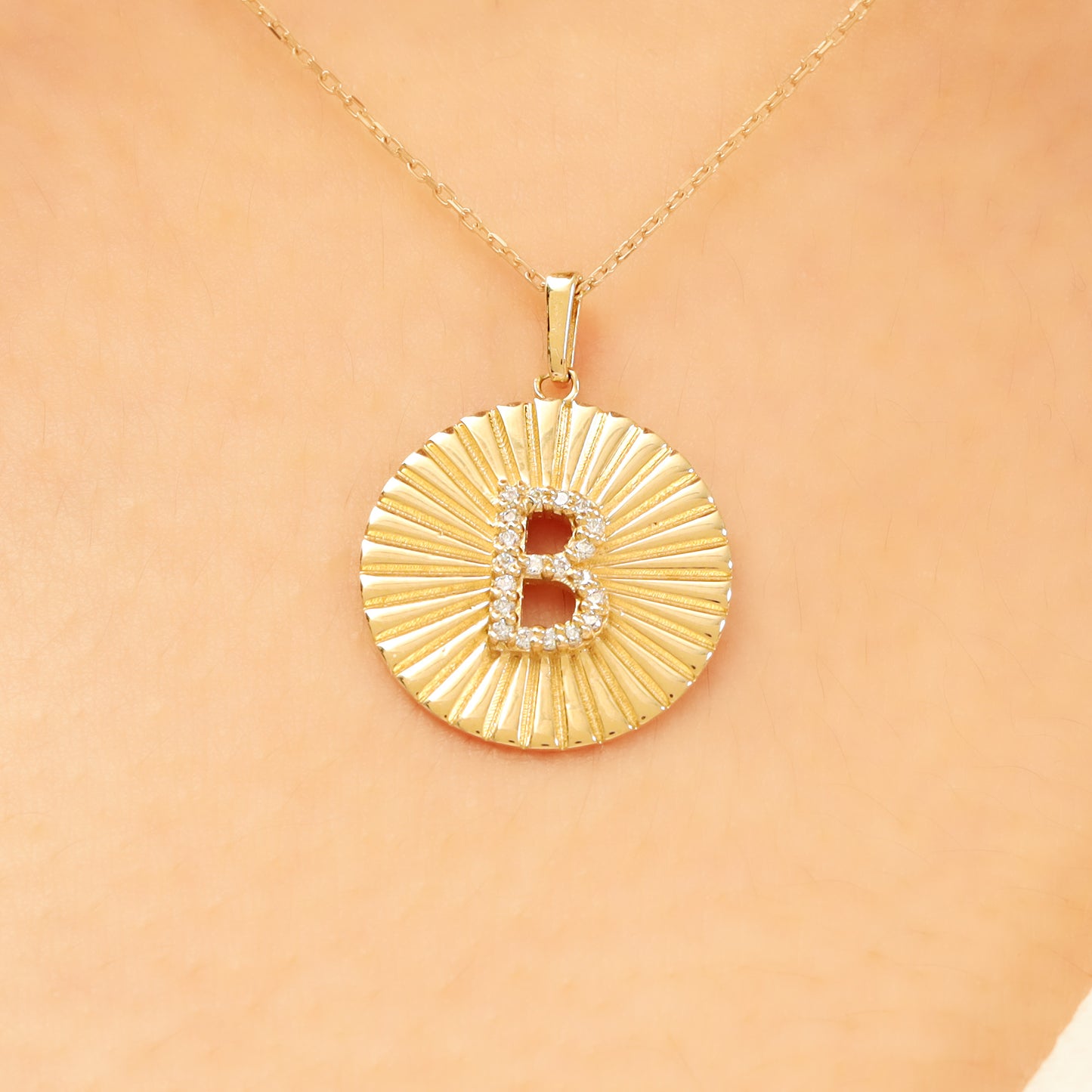 Gold Initial Necklace – 14K Sunburst Medallion Pendant