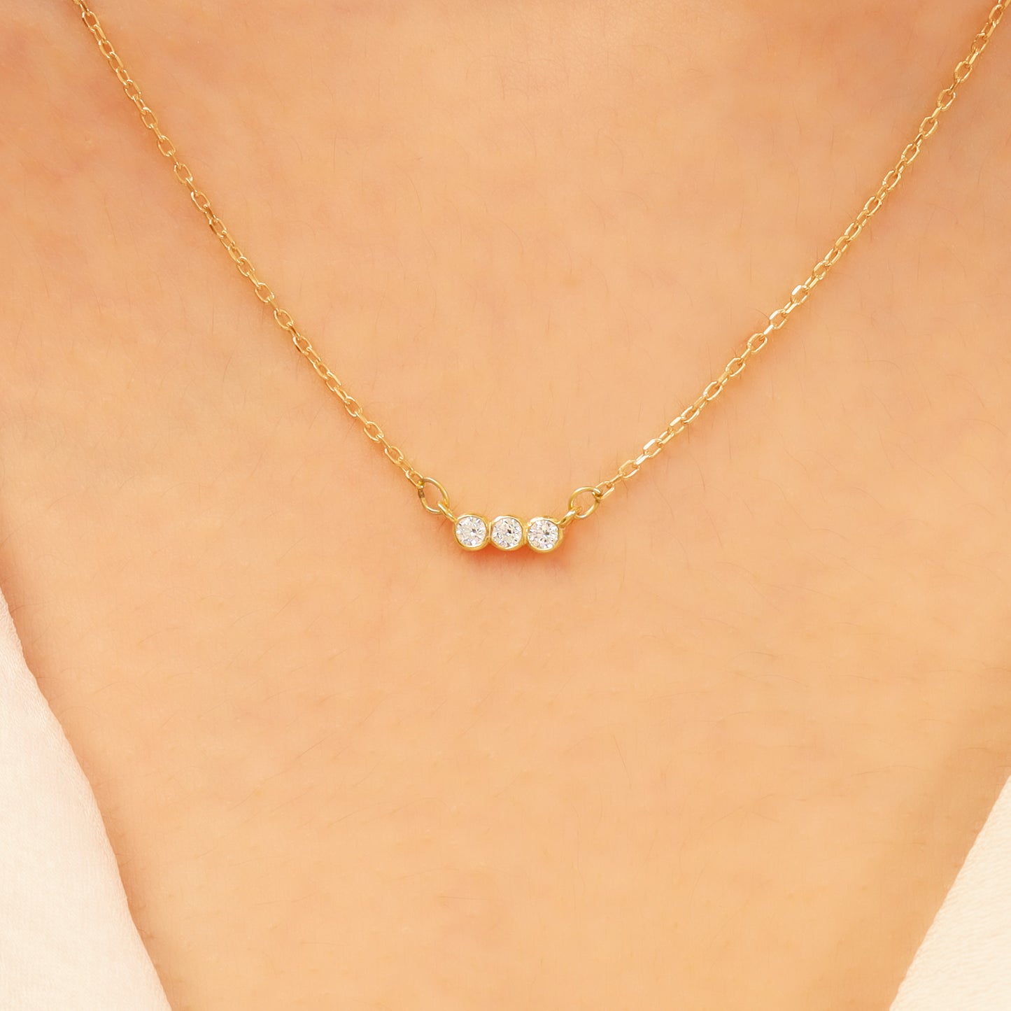 14k Gold Bar Necklace – Dainty 3-Stone CZ Sparkle