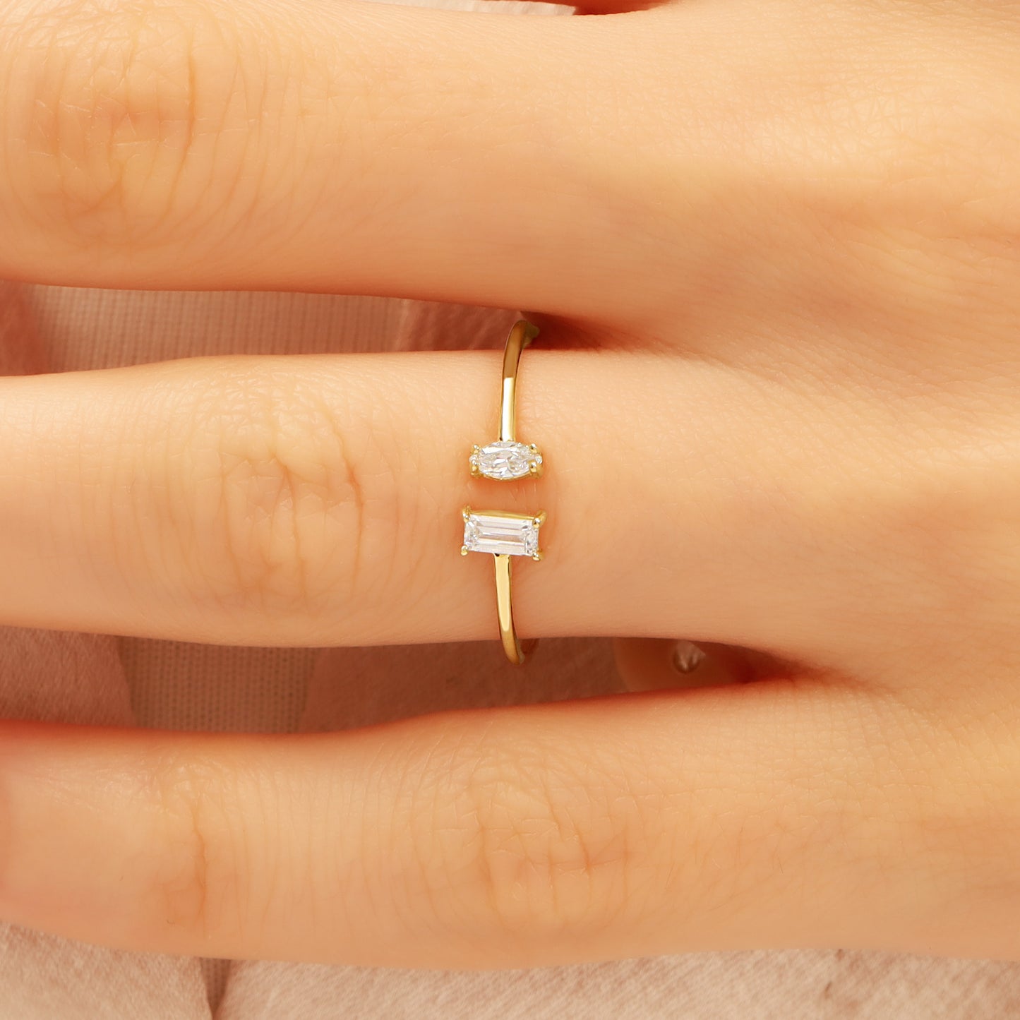 14K Solid Gold Ring with Baguette and Marquise Zircon