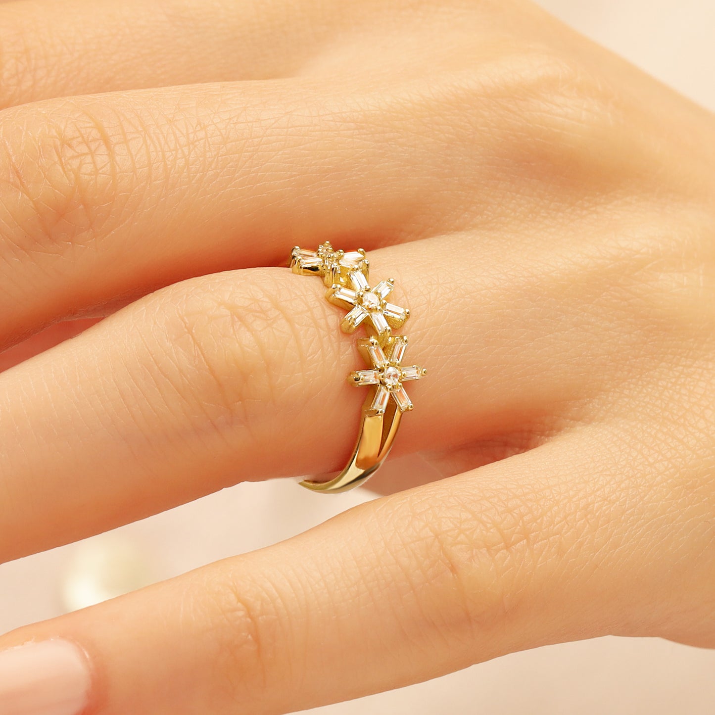 14K Floral Gold Ring with Baguette Zircon