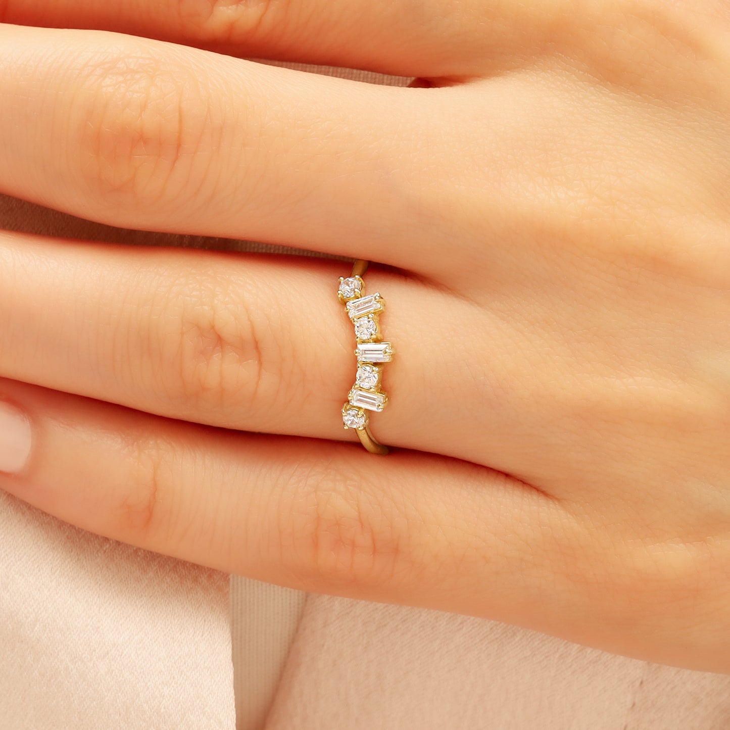 Baguette & Round Zircon 14K Gold Ring