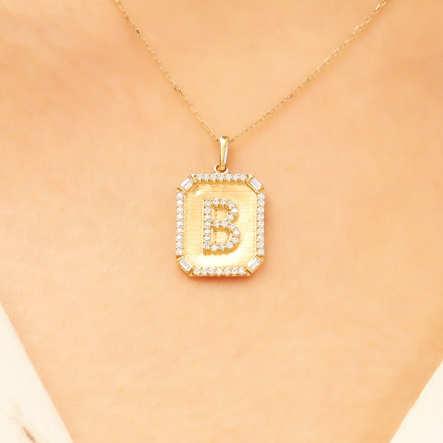 Gold Initial Pendant Necklace – 14K “B” Pavé CZ Frame