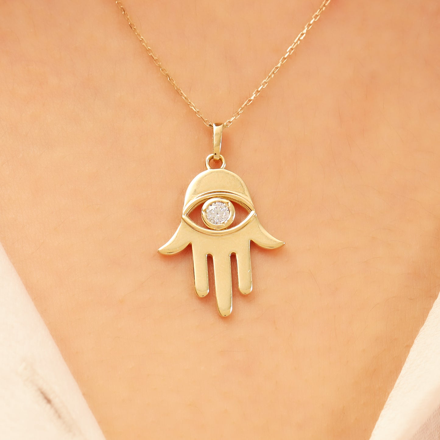 14K Gold Hamsa Necklace – Dainty CZ Pendant