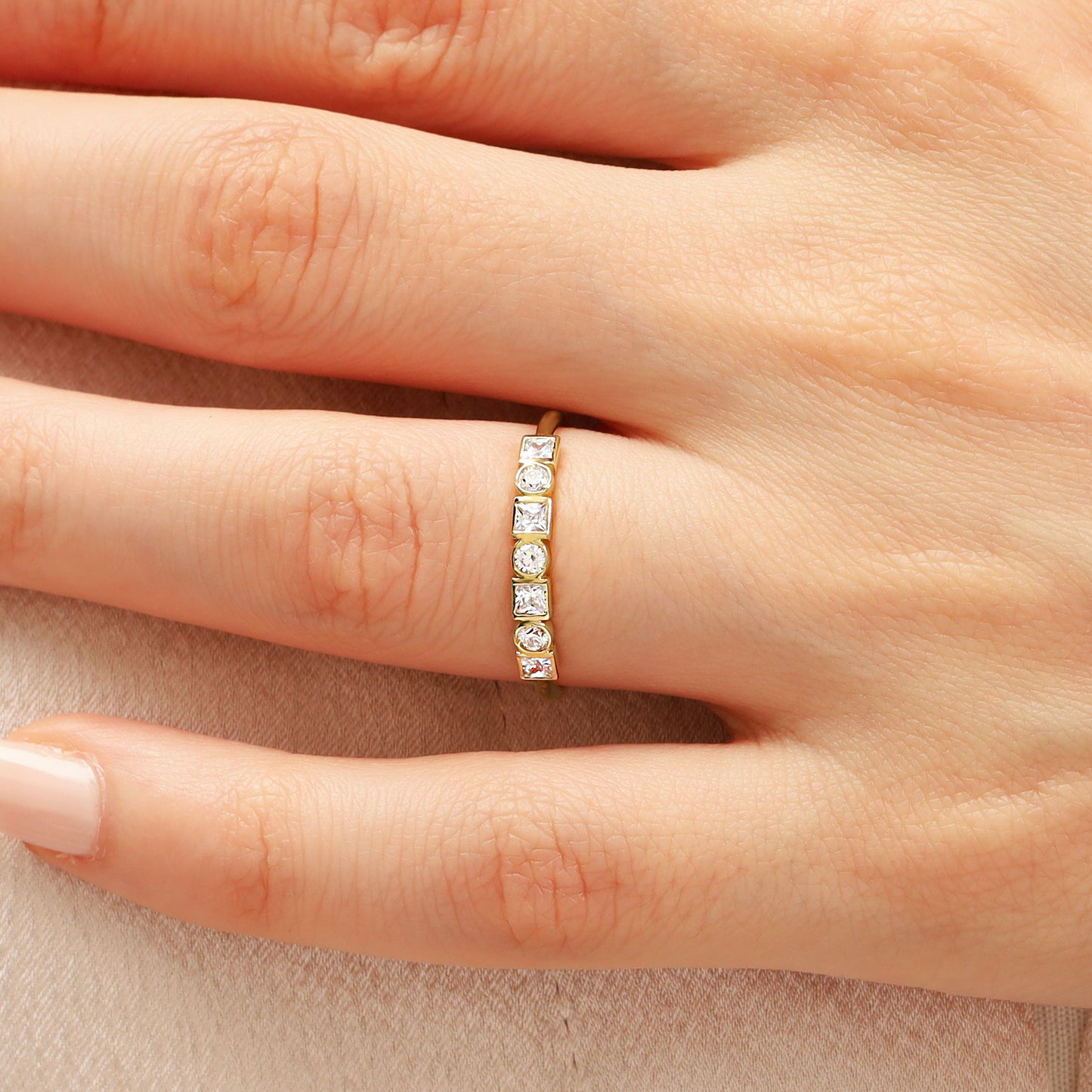 14K Round & Square Zircon Gold Band Ring