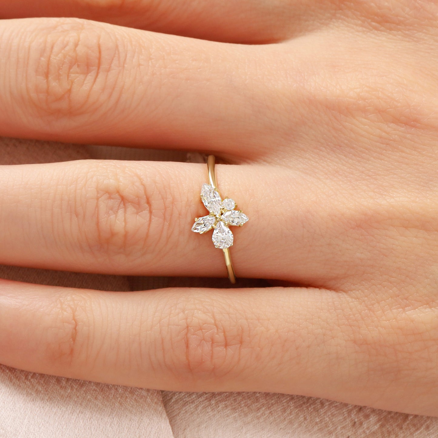 14K Gold Flower Ring – Dainty Marquise-CZ Cluster Band