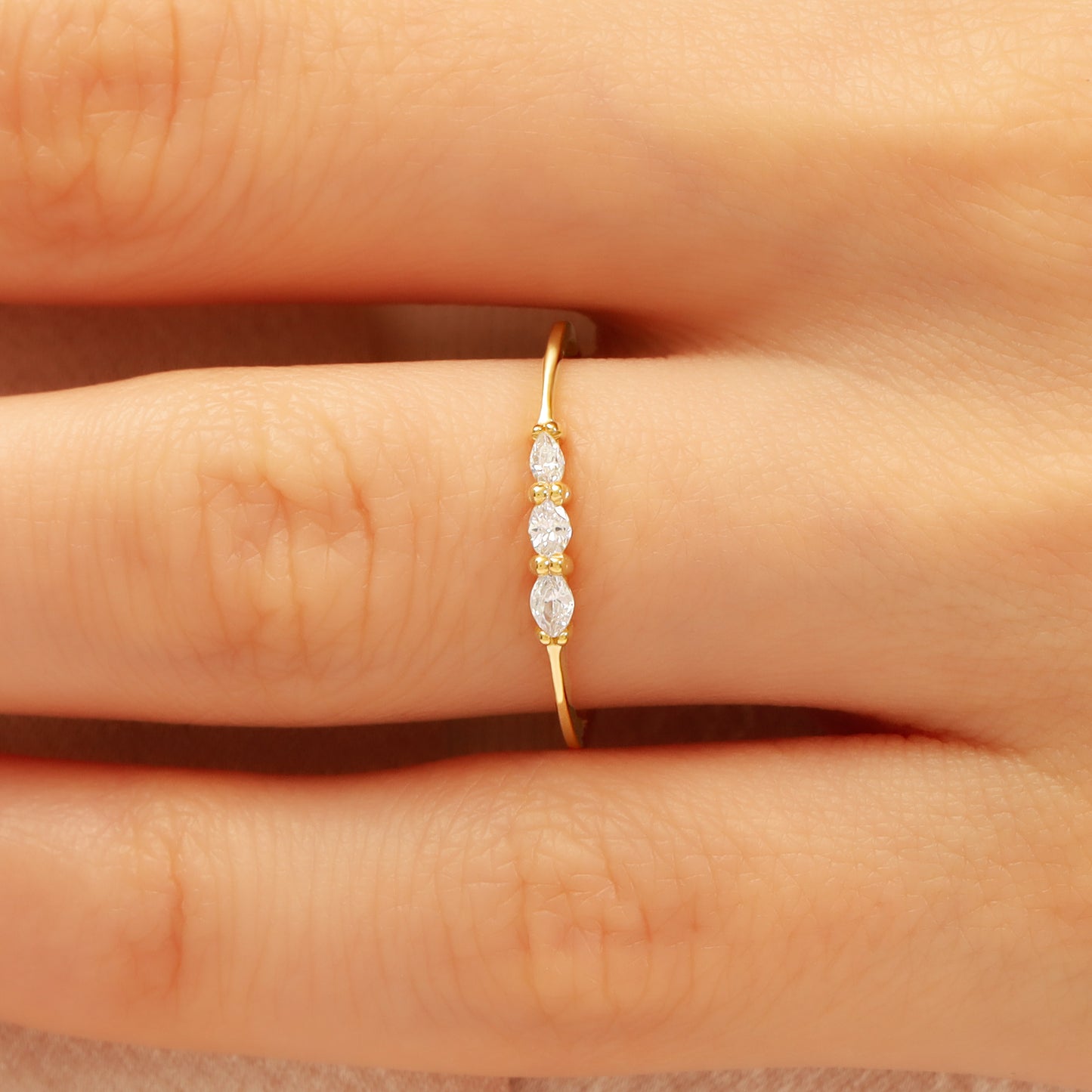 14K Gold Marquise Stacking Ring – Triple CZ Sparkle
