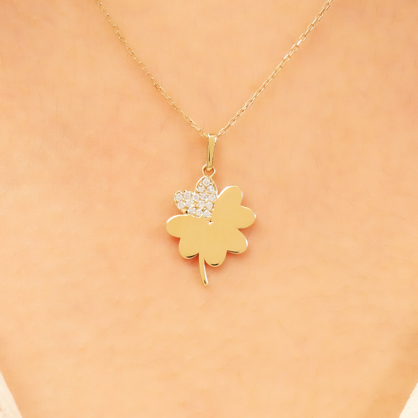 14K Gold Clover Necklace – Lucky CZ Pendant, Adjustable Chain